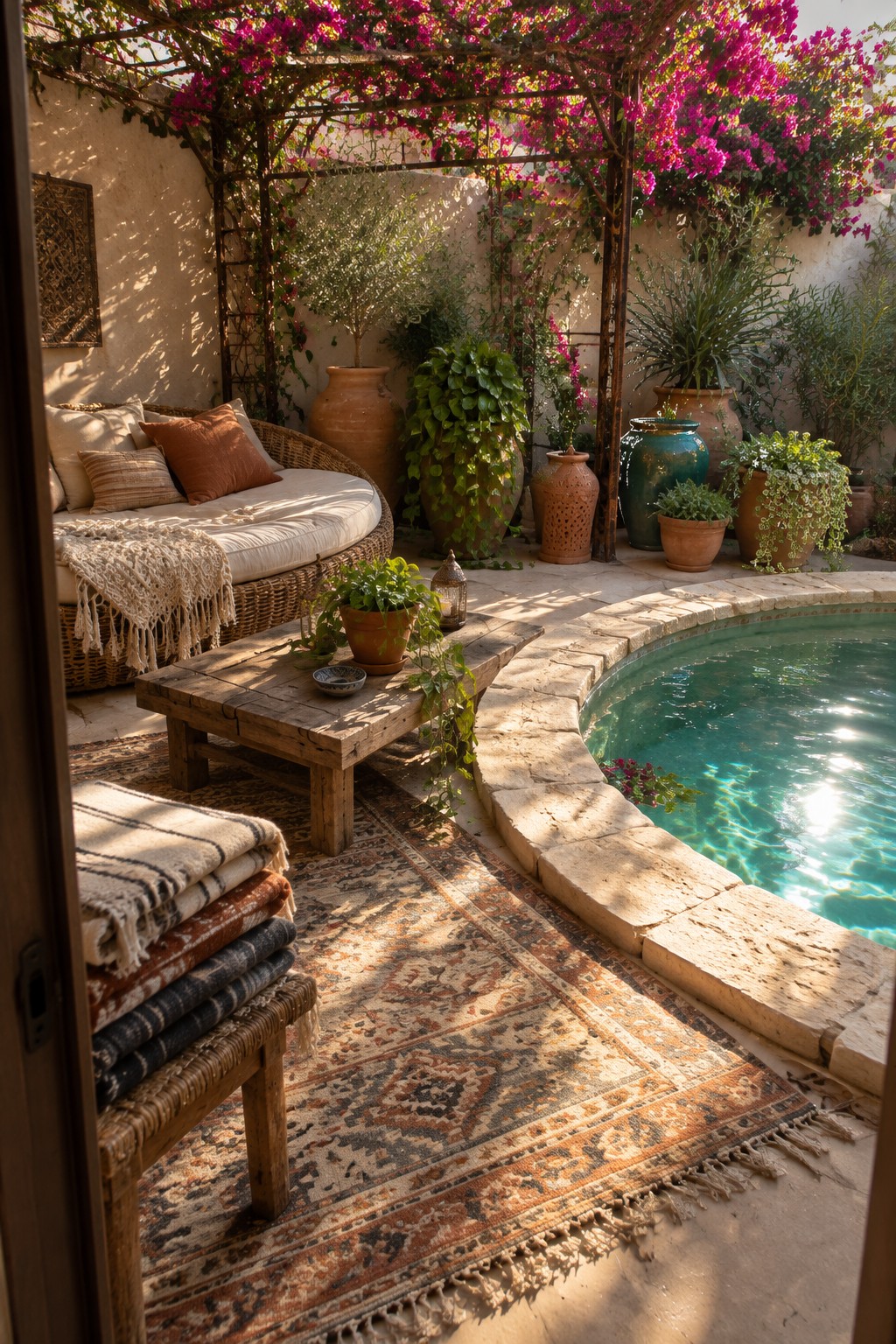 A round plunge pool with stone coping is surrounded by terracotta pots and a cushioned seating area under a wooden pergola on a sunny patio.