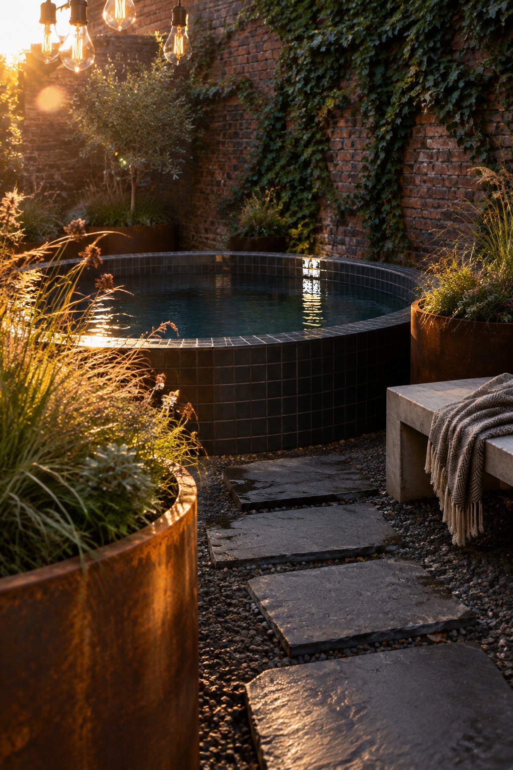 A round dark-tiled plunge pool sits in a compact brick courtyard with gravel, stone stepping paths, large rusted metal planters, and string lights overhead.