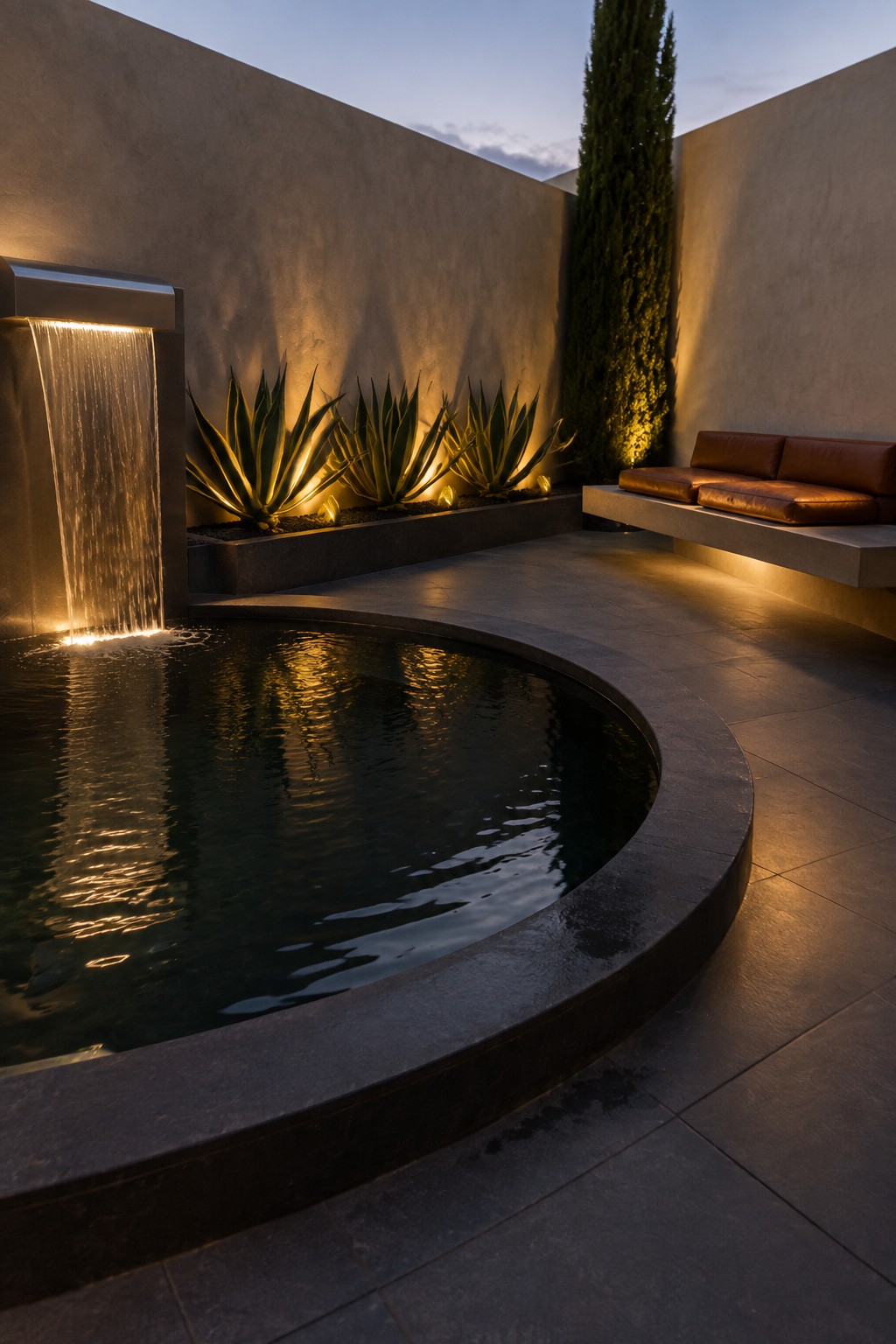 A round dark plunge pool with a lit waterfall feature on the left wall, agave plants in a raised bed, and a floating concrete bench on the right in a walled outdoor space at dusk.