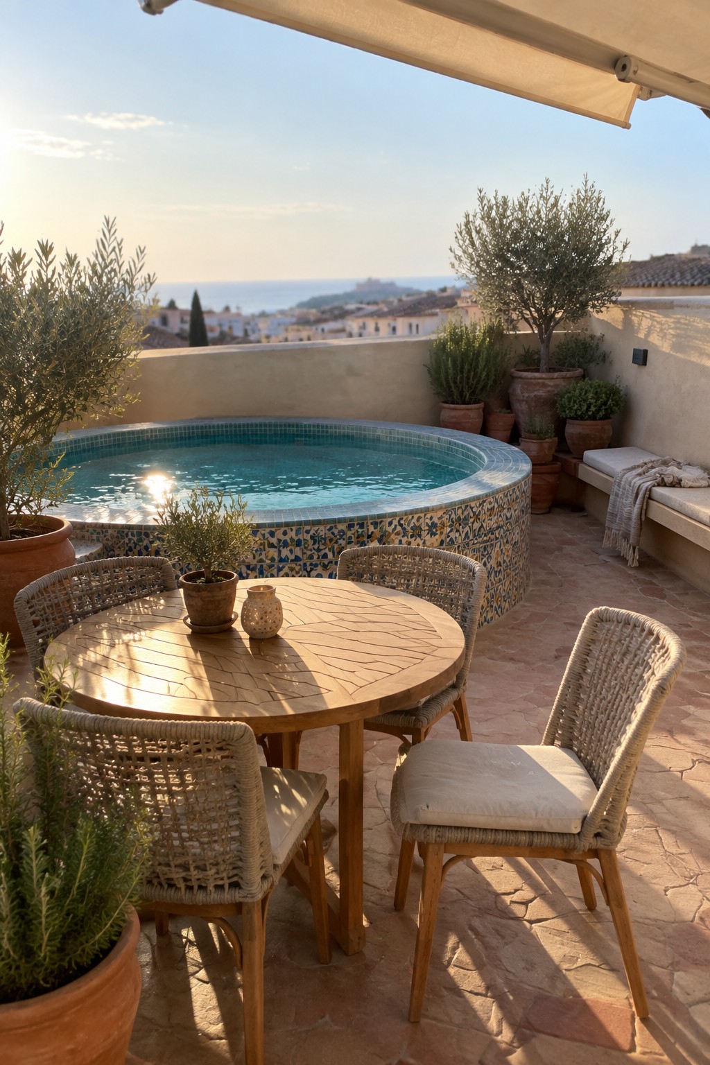 A round turquoise plunge pool with patterned tile on a stone terrace, surrounded by woven chairs, a wooden table, and potted plants overlooking rooftops and the sea.