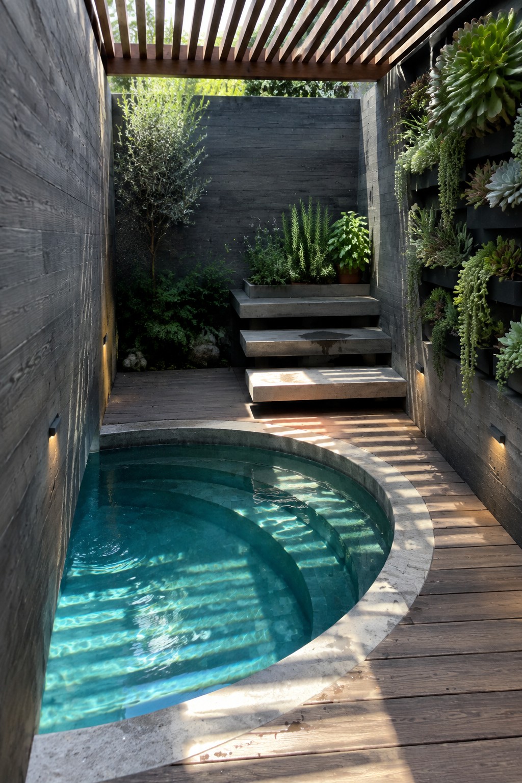 A round plunge pool with turquoise water is set beside a wooden deck in a narrow outdoor space with concrete steps and a plant-covered wall.