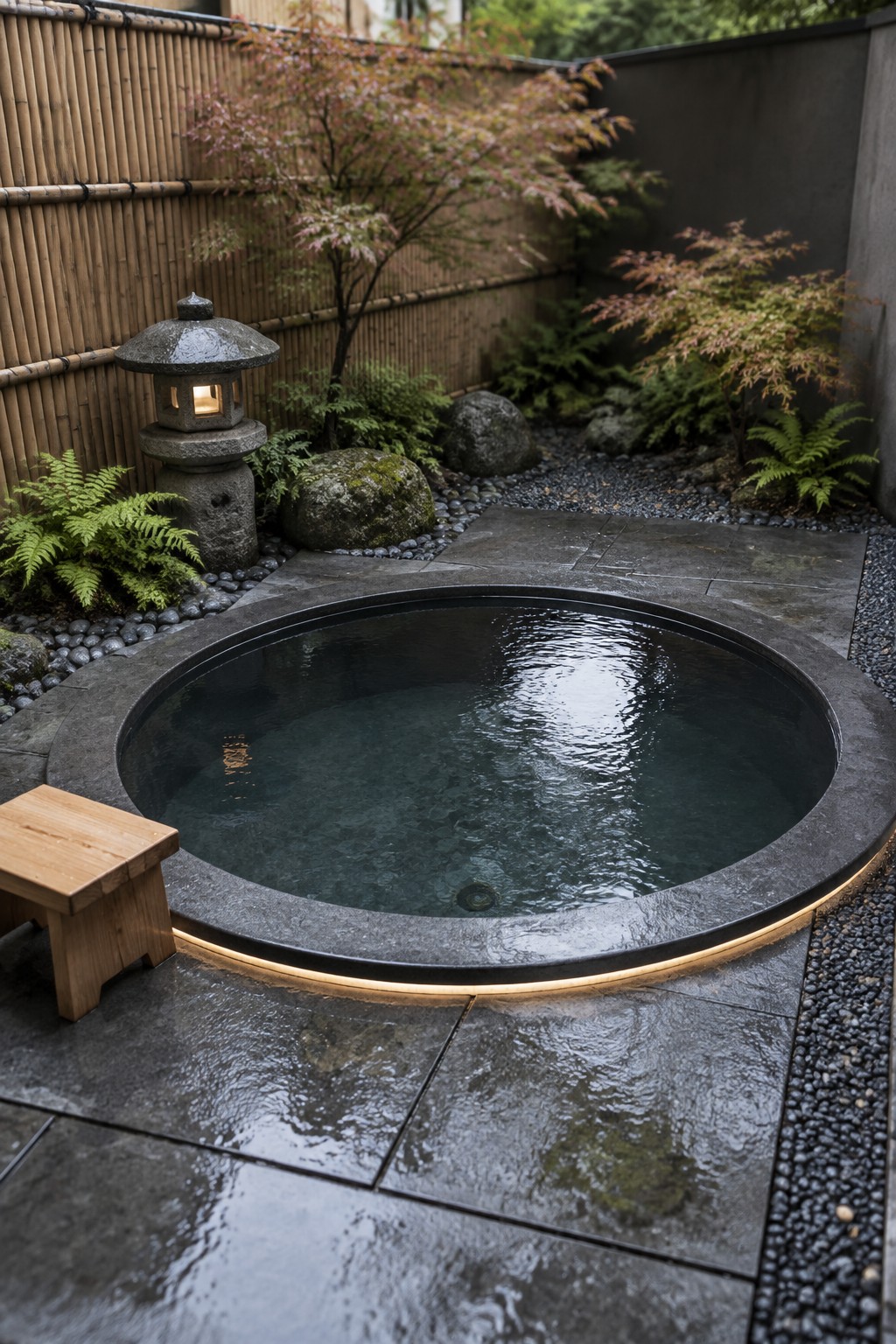 Circular stone hot tub with lantern, bamboo fence, ferns, and red maple tree.