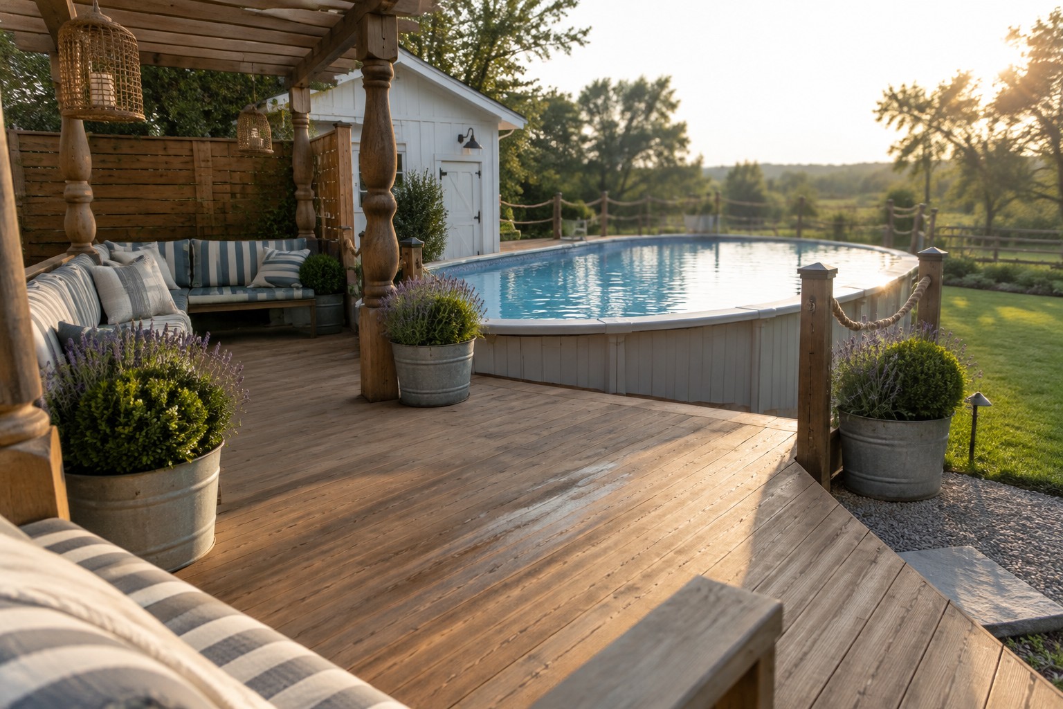 Wooden deck with pergola and seating next to an above-ground pool, surrounded by potted plants and gravel edging in a rural yard.