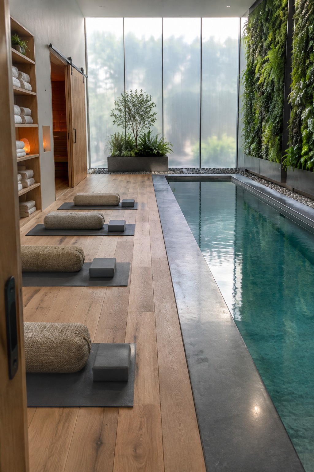 Modern spa with indoor pool, yoga mats, sauna, wooden floors, and living wall.