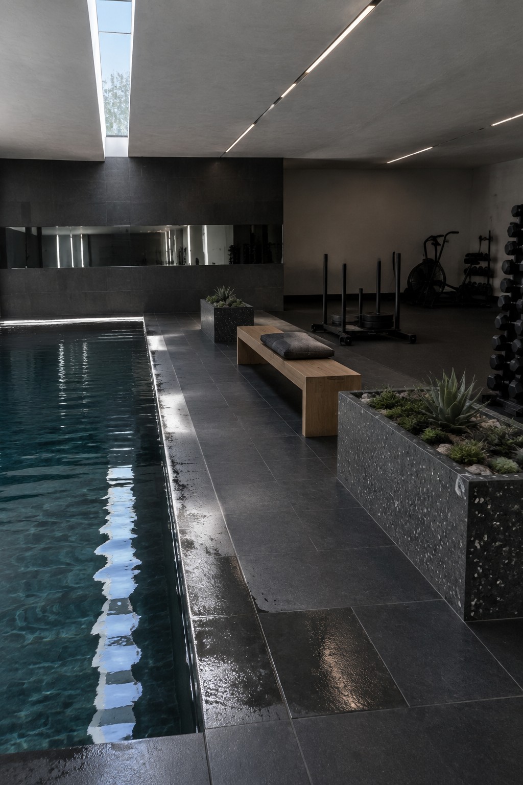 Modern indoor pool with dark tiles, wooden bench, plants, and gym equipment.
