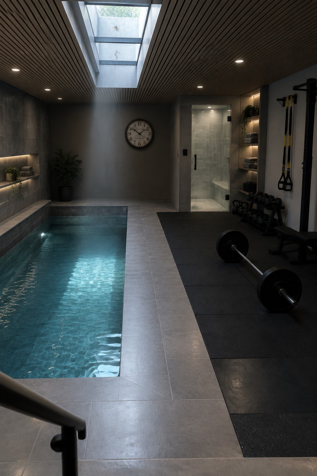 Modern indoor pool and gym with skylight, weights, clock, and gray tiles.