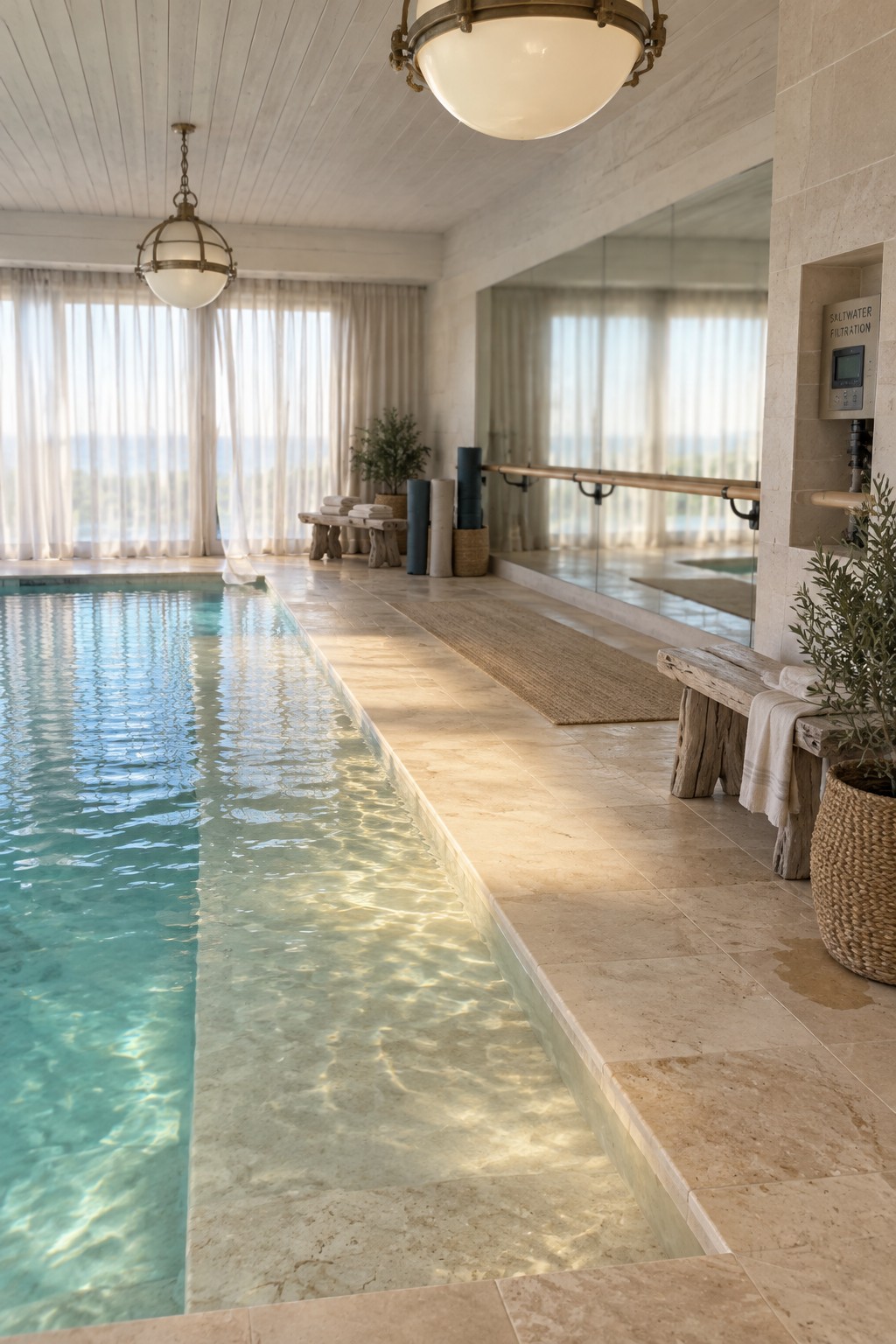 An indoor lap pool with light stone decking, a wooden bench holding rolled towels and weights, and a ballet barre mounted on a mirrored wall.