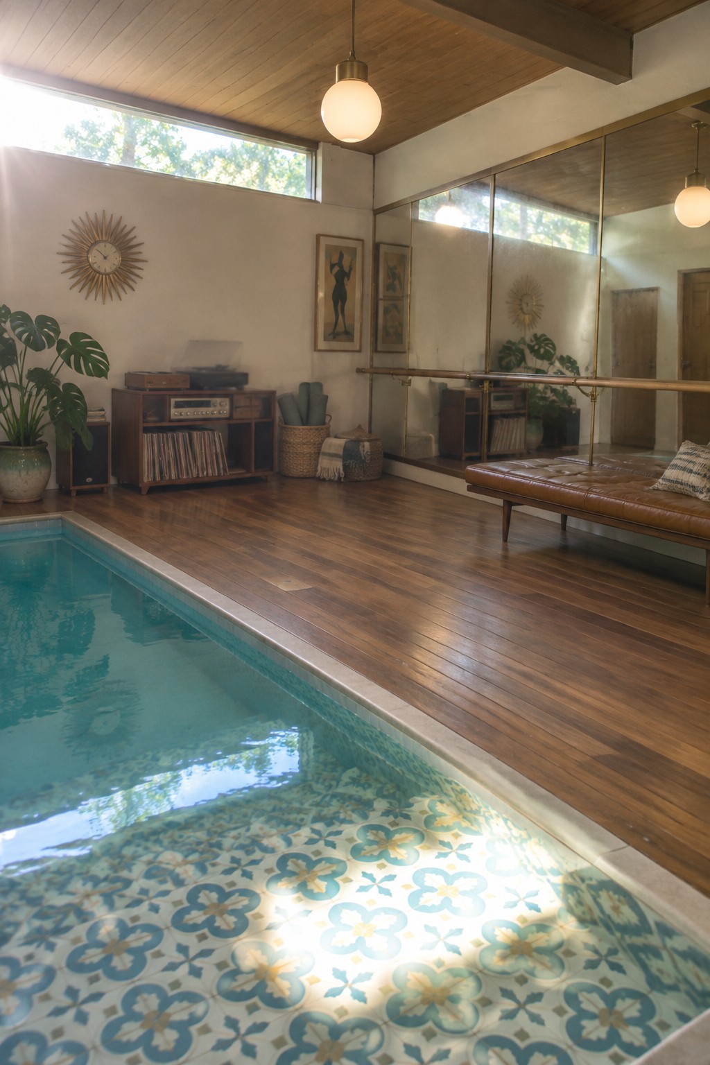 An indoor pool with patterned tile and wood decking sits beside a mirrored wall fitted with a ballet barre, a brown leather bench, and audio equipment.