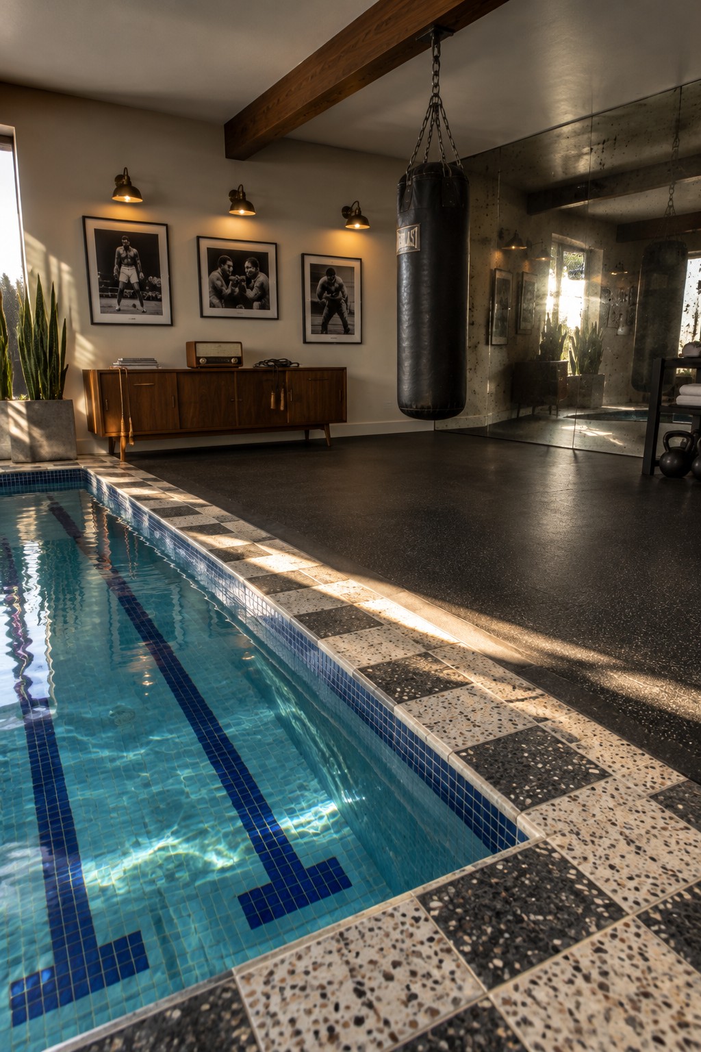 An indoor residential lap pool with blue mosaic tile borders next to a gym area that includes a hanging black punching bag, wall mirrors, and framed black and white photos.