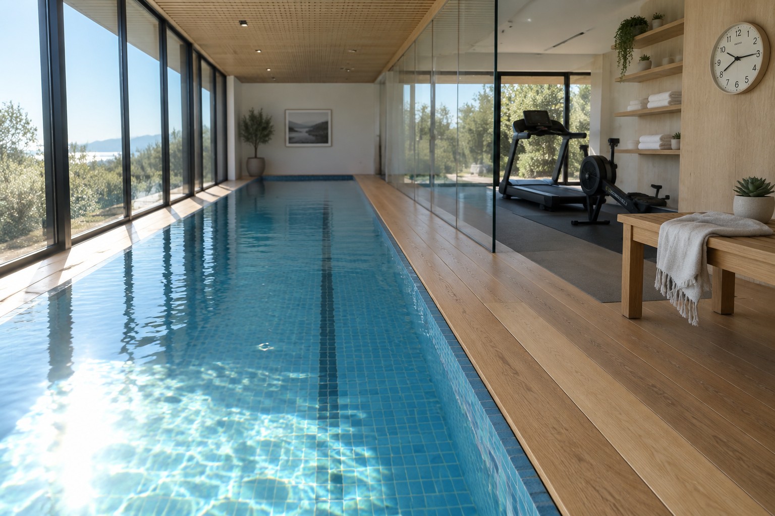 Modern indoor lap pool with blue tiles, sunlight reflections, wooden floors, and gym area.