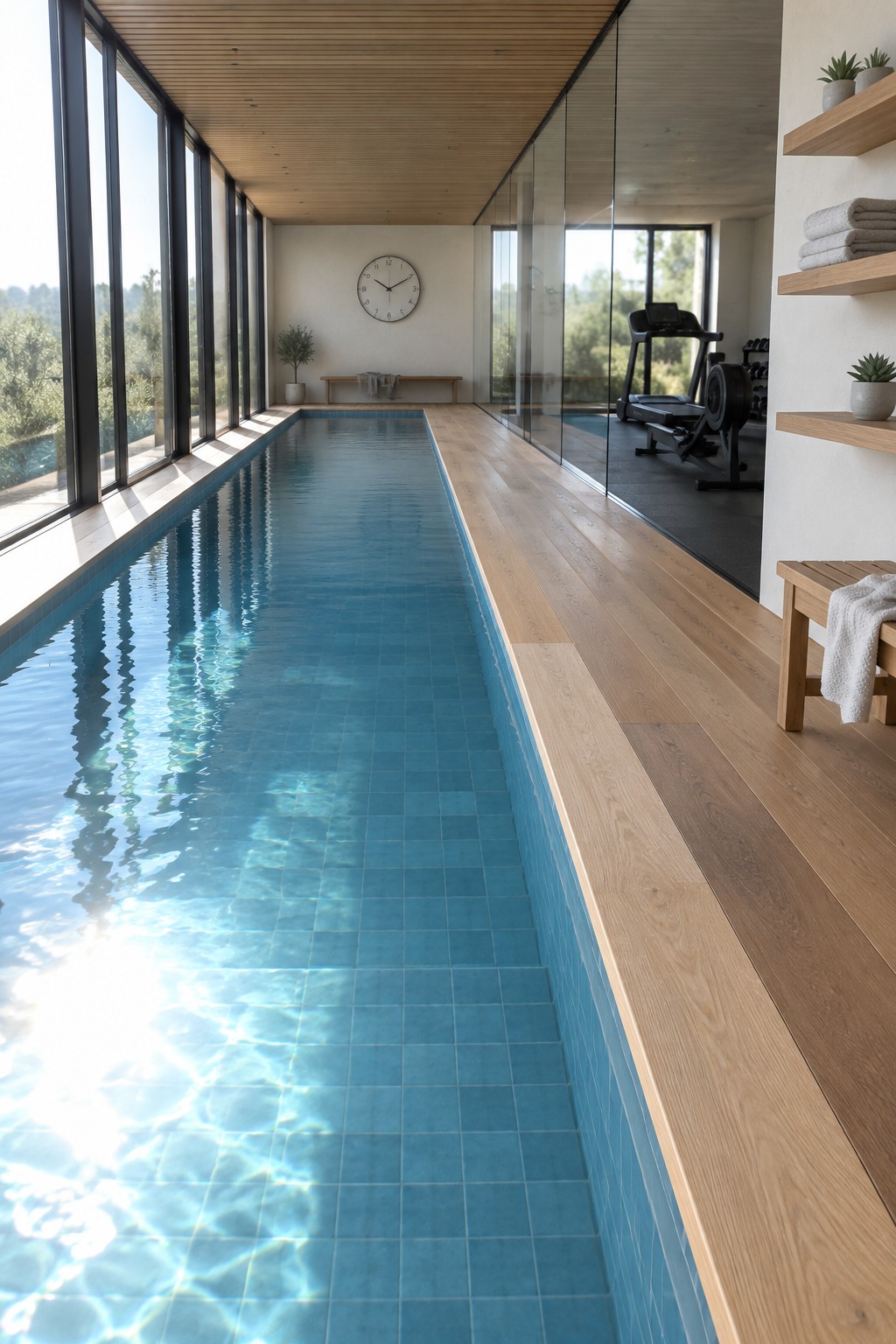 Modern indoor lap pool with blue tiles, sunlight reflections, wooden floors, and gym area.