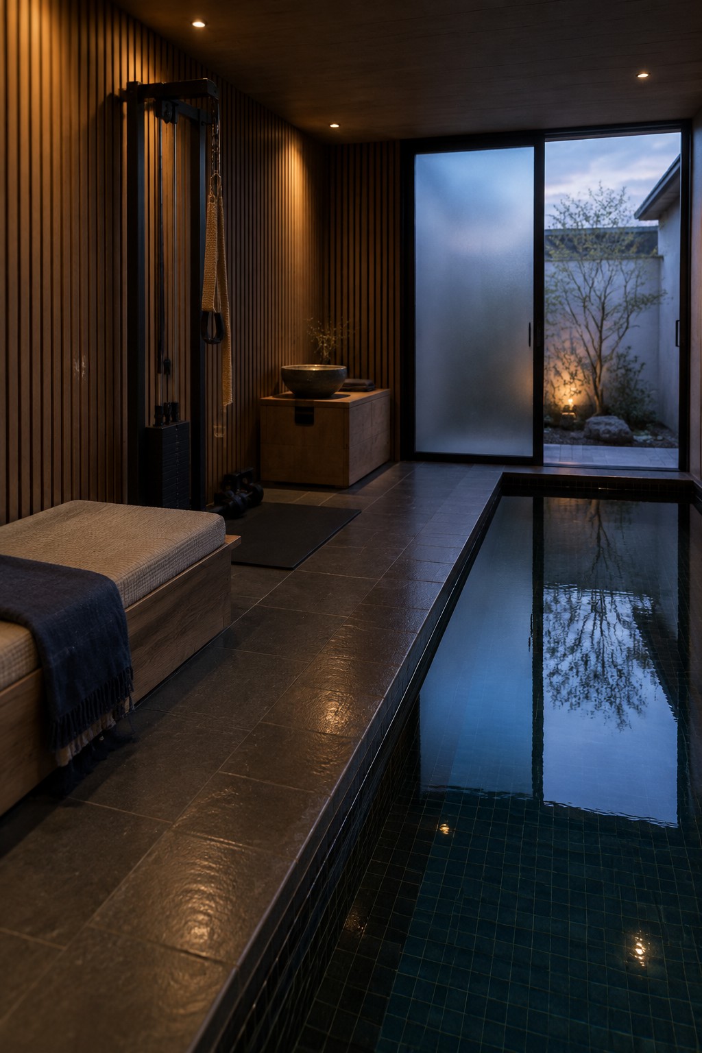 Modern spa with dark plunge pool, wooden walls, massage table, and garden view.