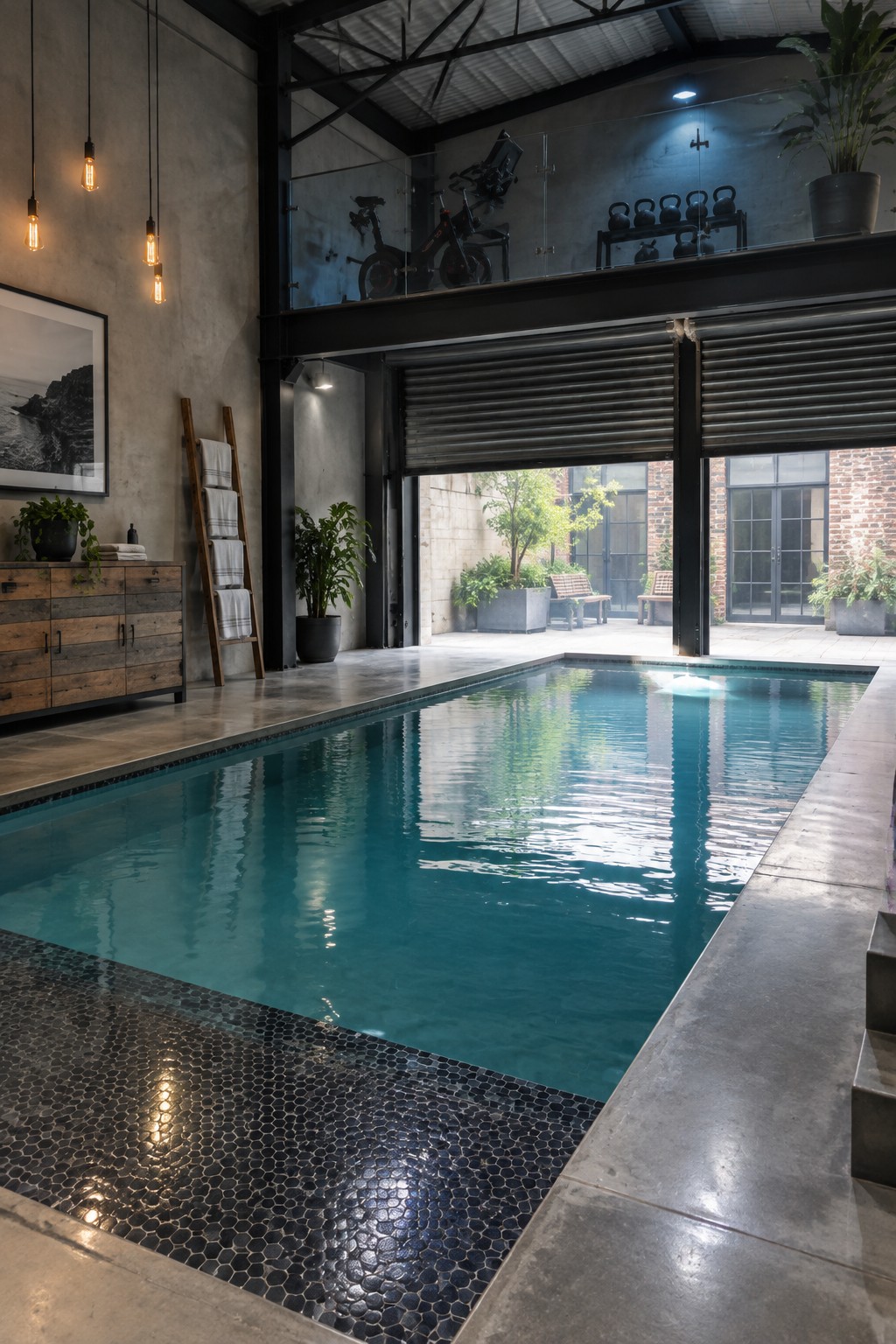 An indoor lap pool in an industrial-style space with a mezzanine gym area above holding bikes and kettlebells behind a glass barrier.