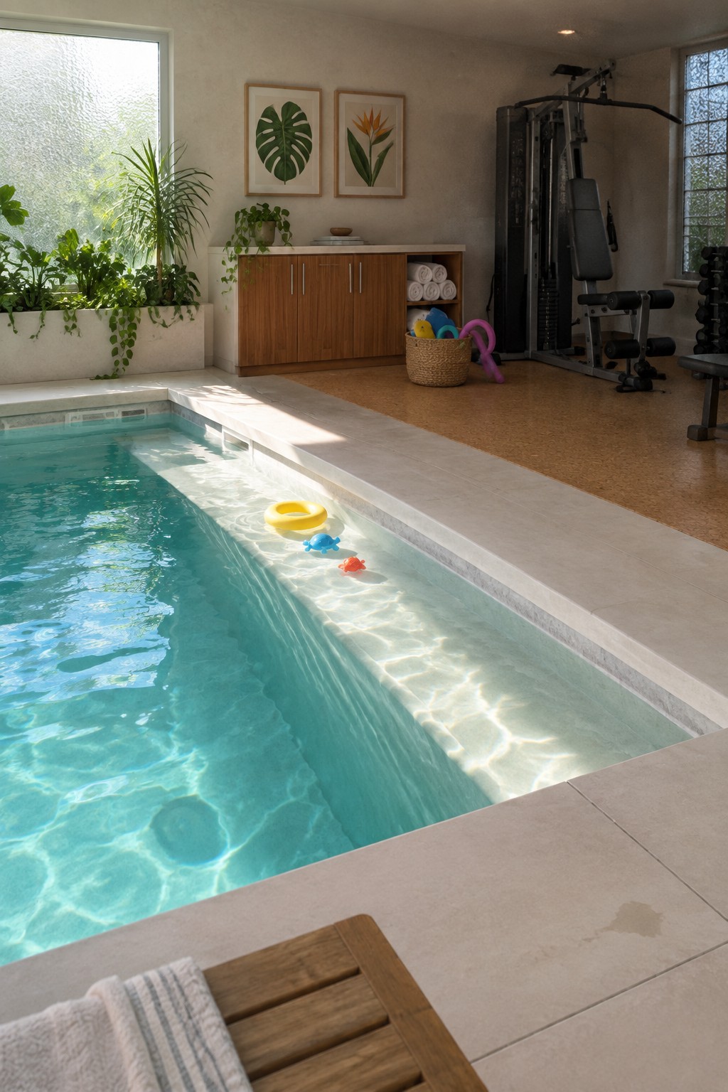An indoor pool with gym equipment including a cable machine and weight bench visible on the right side of the room.