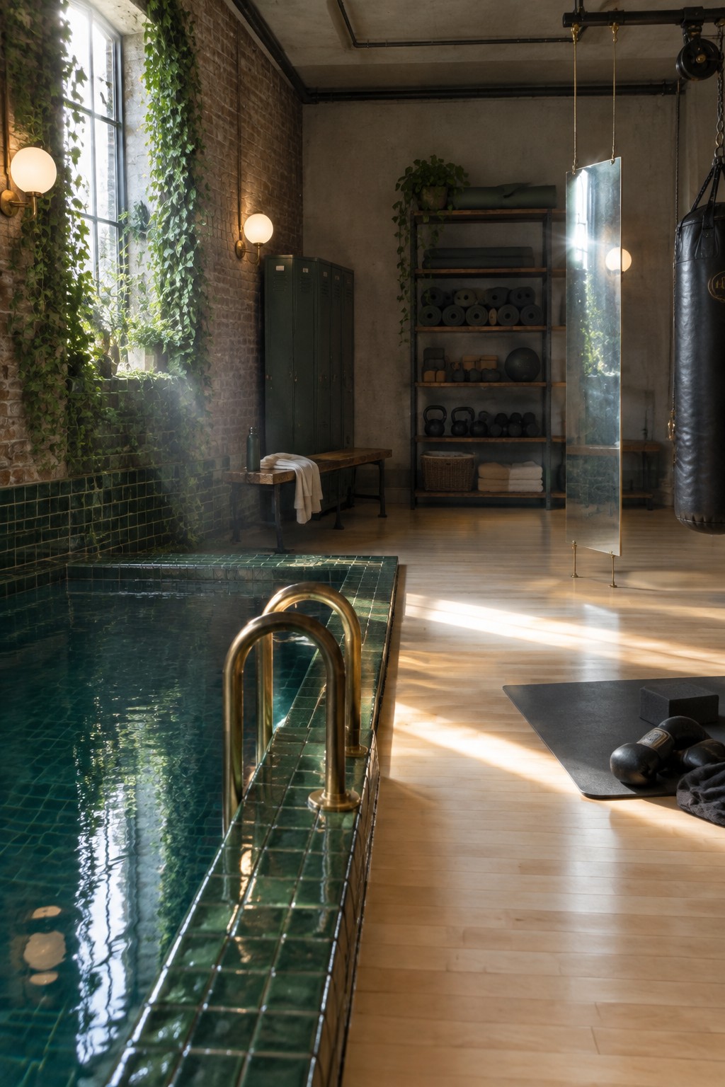 An indoor pool with green tiles and brass rails sits beside gym equipment including a punching bag, weight shelves, and yoga mats in a brick-walled room with wood flooring.