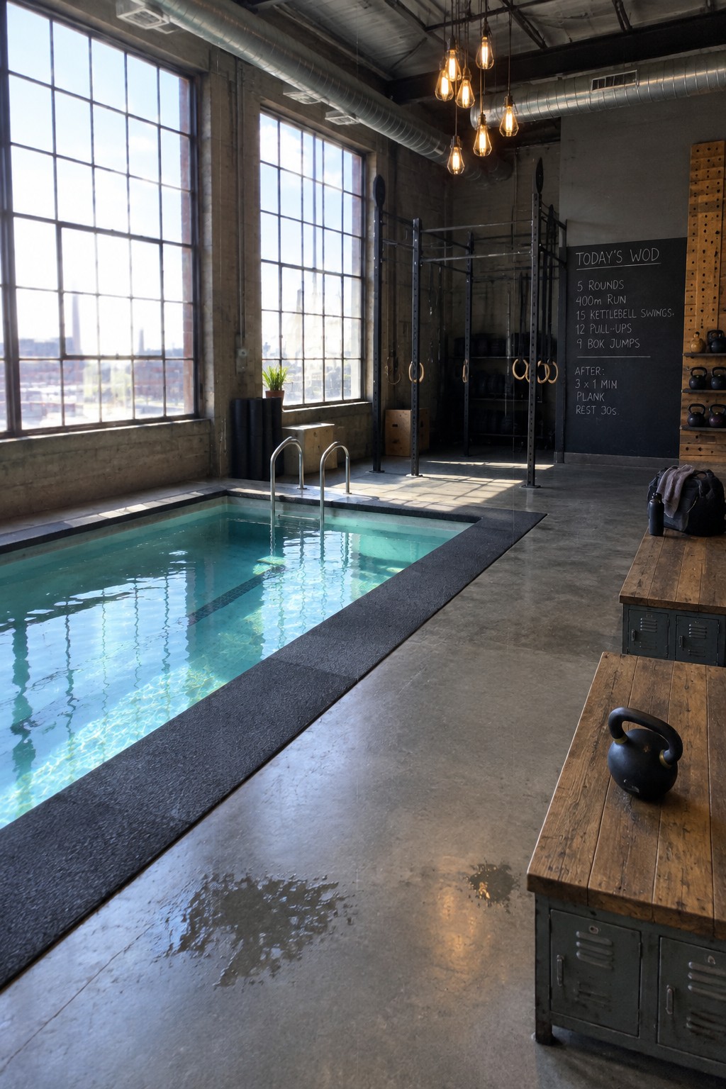 Large indoor pool next to metal gym rigs, kettlebells, and a chalkboard in an industrial space with tall windows.