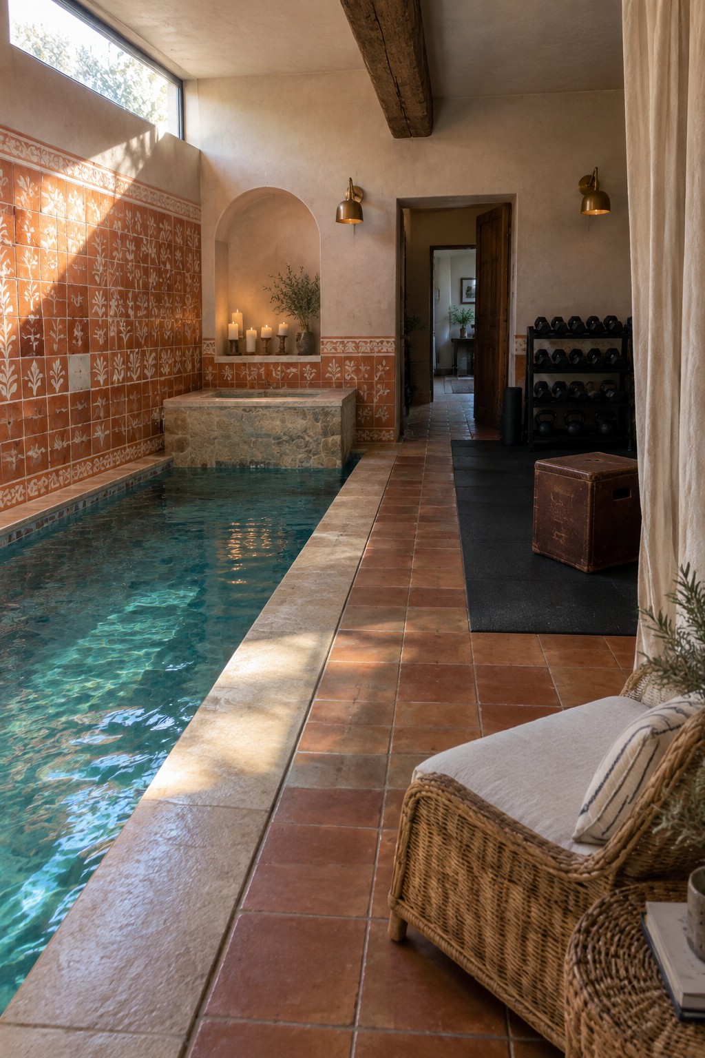 Indoor pool with turquoise water, terracotta tiles, wicker chair, and dumbbell rack