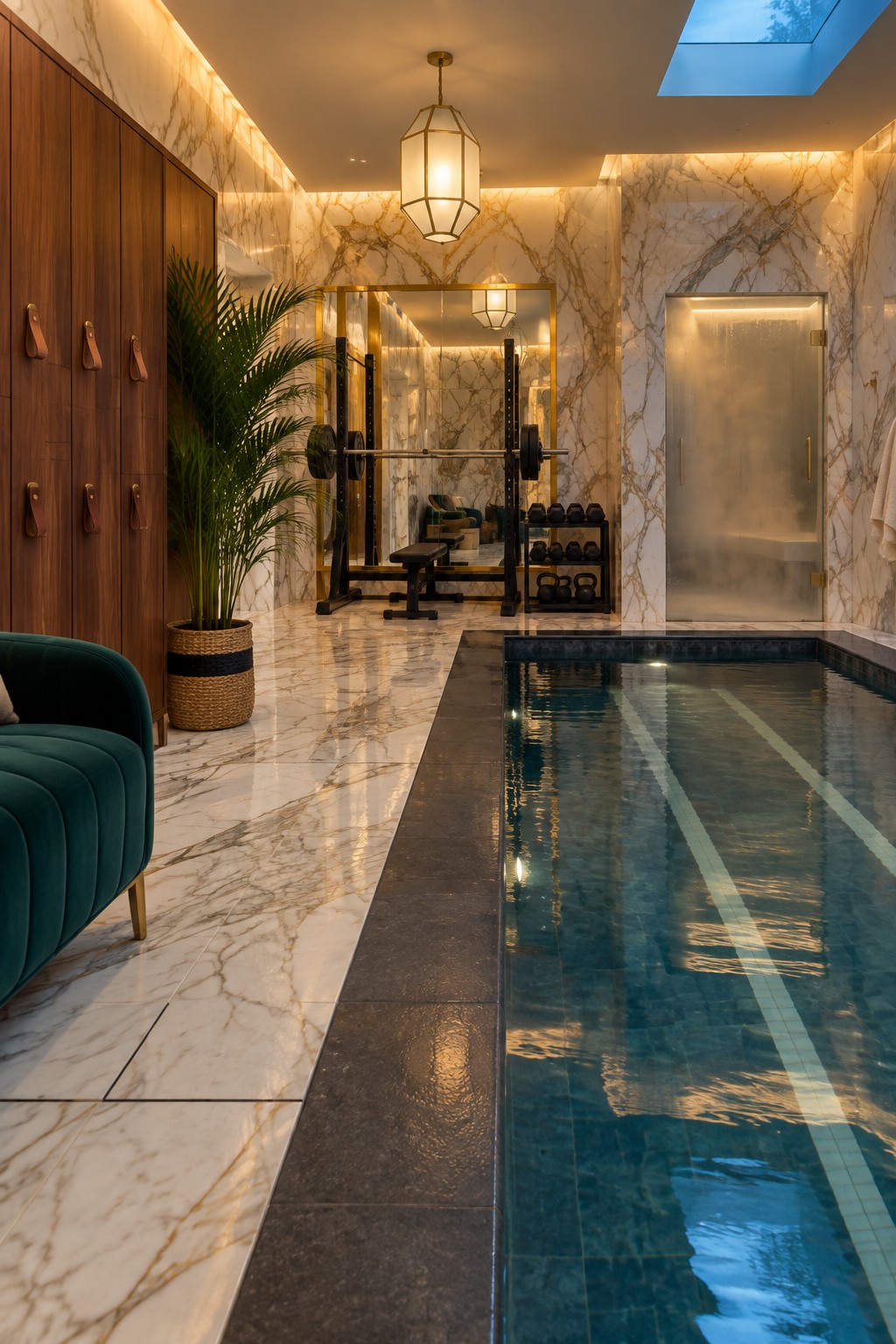 Luxurious marble gym and lap pool with wooden lockers, green velvet chair, and warm lighting.