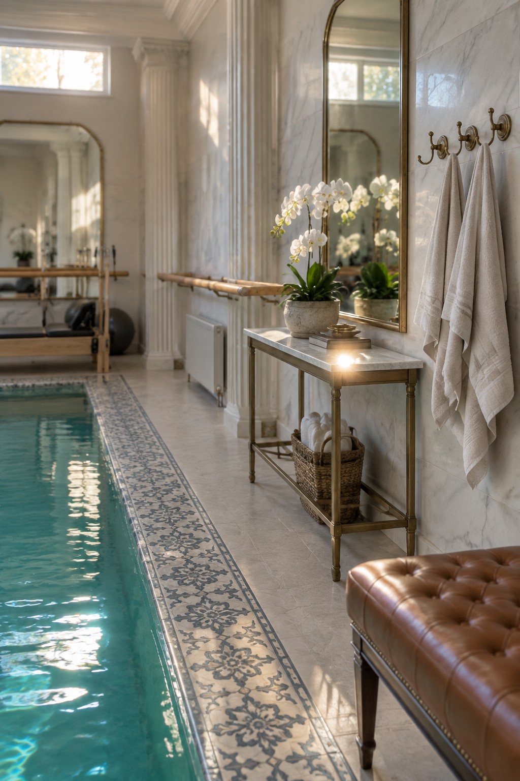 An indoor lap pool with patterned tile border beside a marble wall holding a brass console table with orchids, stacked books, a basket of towels, and wall hooks with hanging towels, with gym equipment visible in the background.