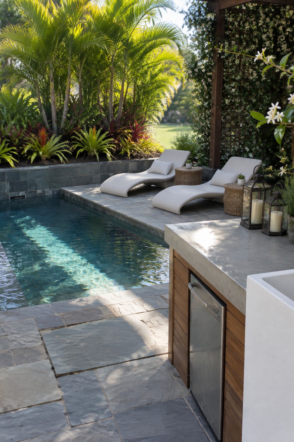 A tropical plunge pool with stone decking, two white lounge chairs, dense palm and plantings behind, and a concrete outdoor bar counter with sink and cabinetry in the foreground.