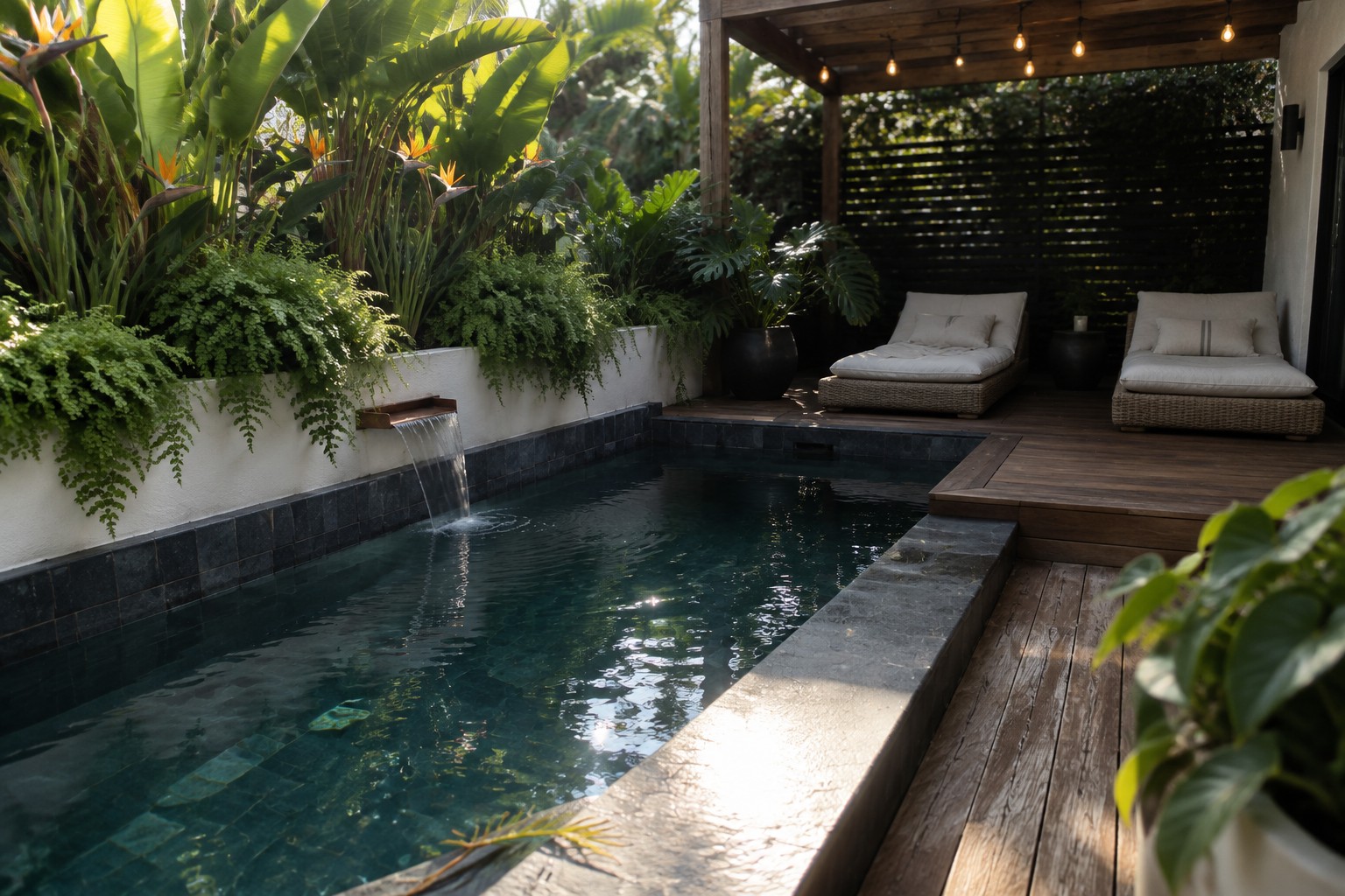 Sunlit pool with waterfall, rattan loungers on wooden deck amid tropical plants