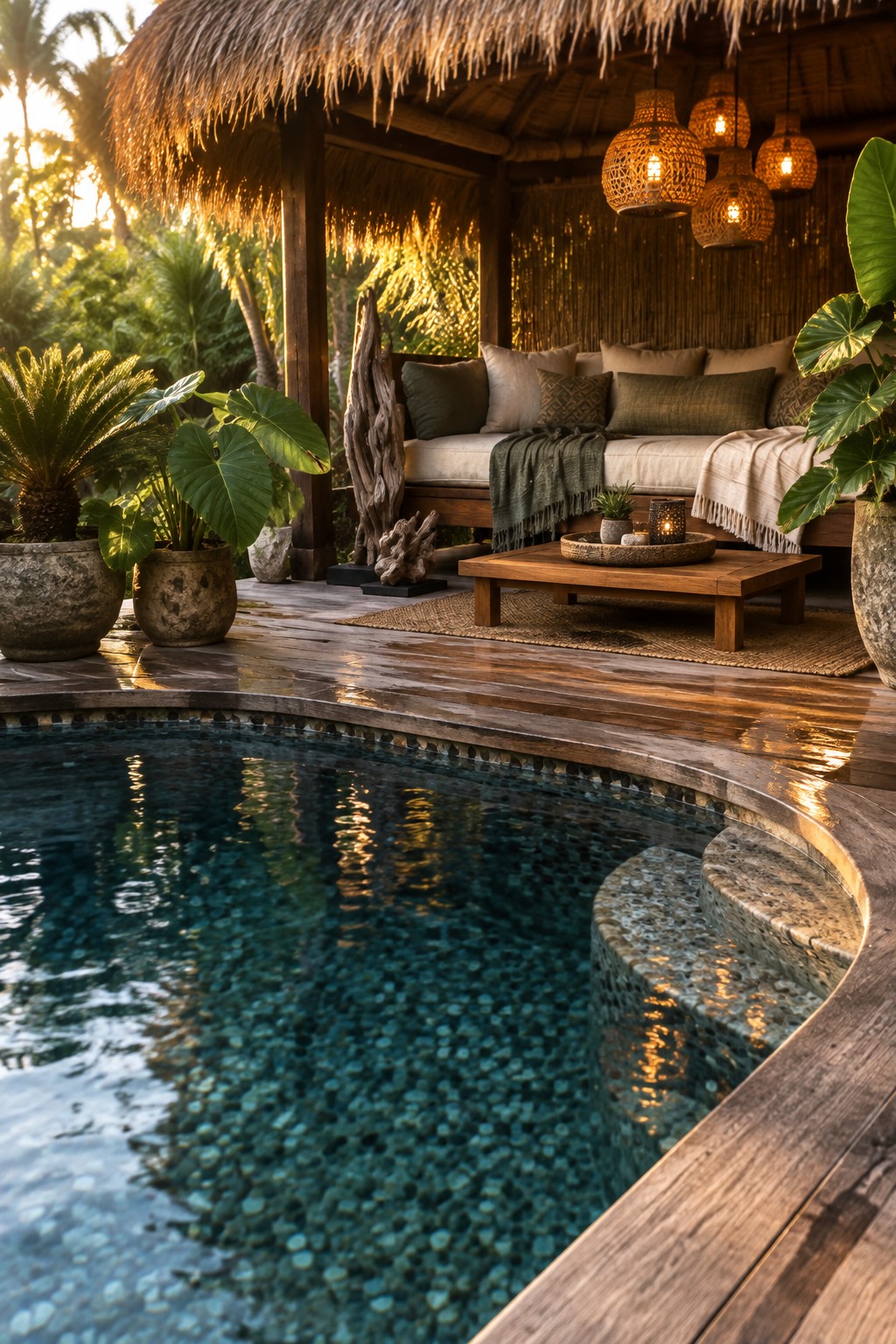 Tropical poolside with pebble-tiled pool, wooden deck, thatched hut, and hanging lanterns at sunset.
