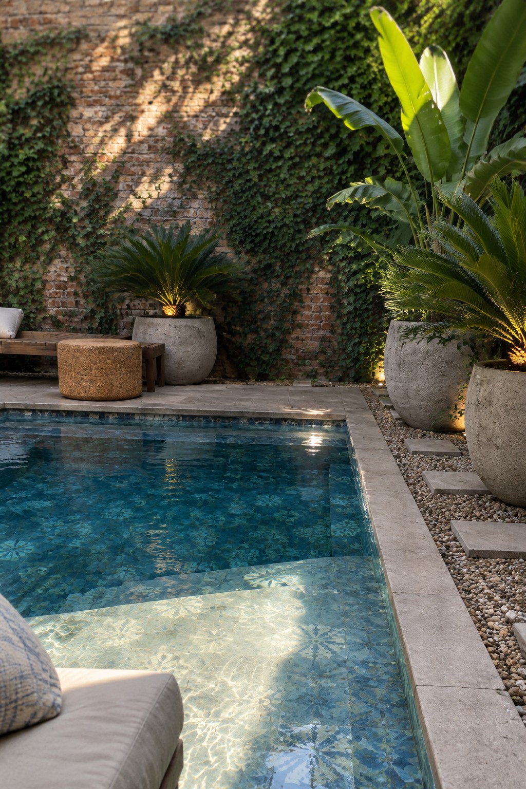 Sunlit pool with blue patterned tiles beside ivy-covered brick wall and potted palms