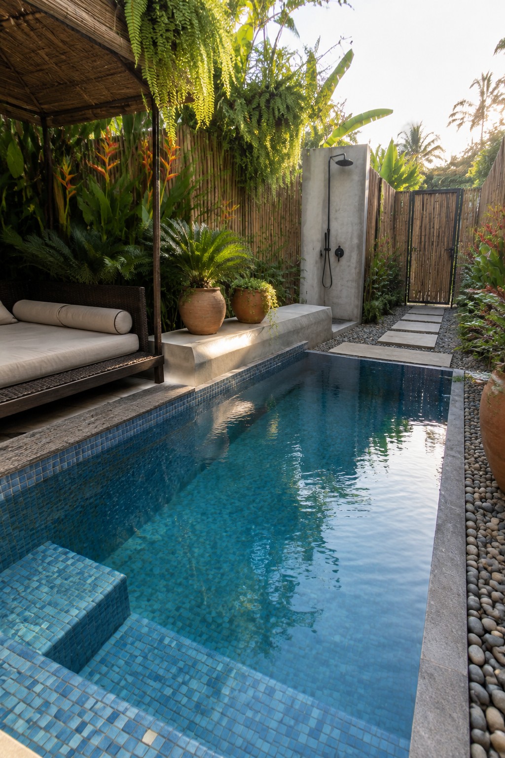 Tropical lap pool with blue mosaic tiles amid lush plants, daybed, and outdoor shower