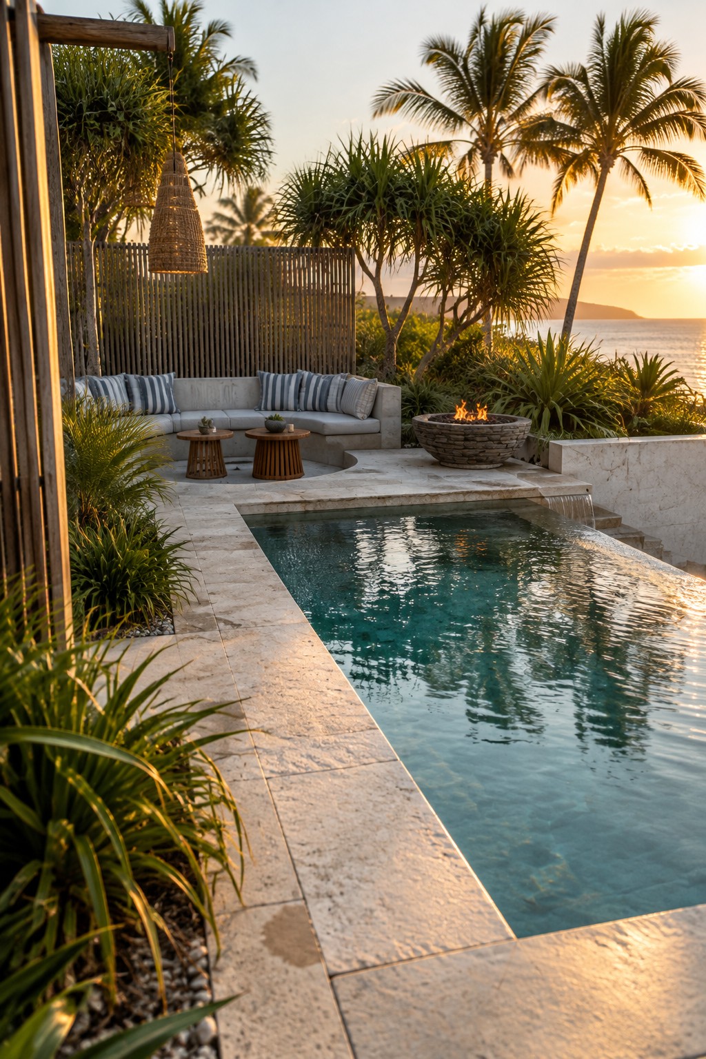 Luxurious infinity pool with fire pit, sofa, and palm trees at ocean sunset