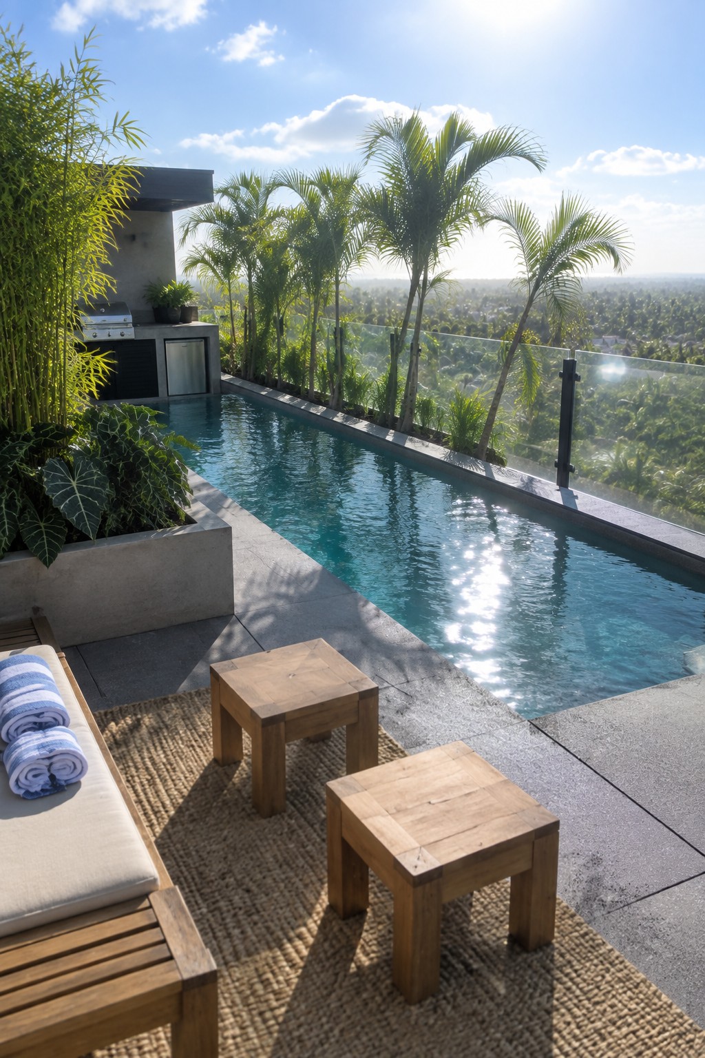 A narrow plunge pool on a sunny terrace with concrete planters holding tropical plants along one side, wooden stools on a woven rug, a lounge chair with rolled towels, and glass railings overlooking palm trees.