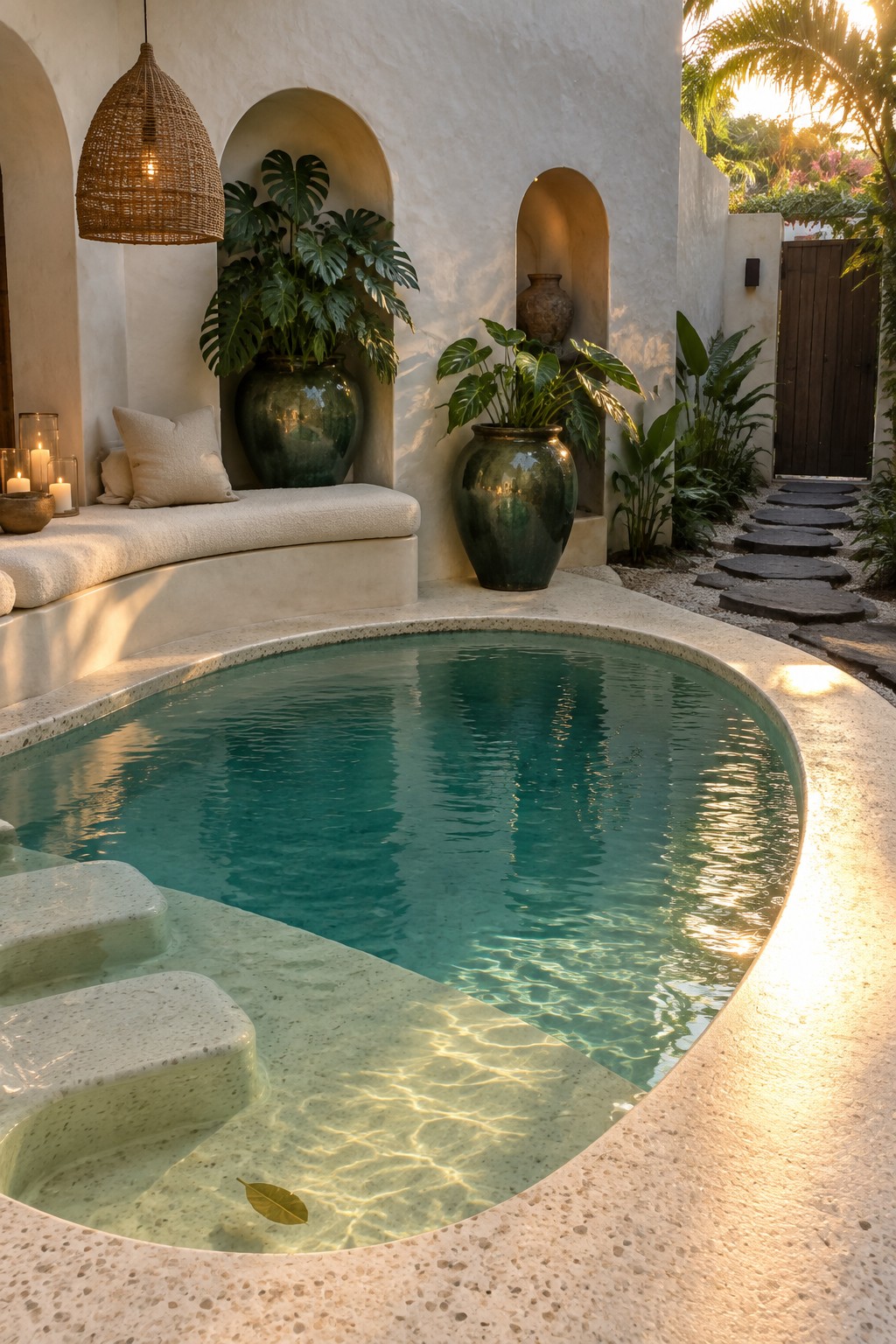 A small curved plunge pool with built-in steps is surrounded by white stucco walls containing arched niches with large potted tropical plants.