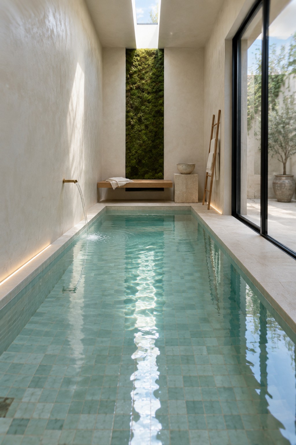 A long indoor pool with turquoise mosaic tiles, a wall-mounted spout on the left, a wooden bench, and a tall vertical garden wall at the far end beneath a skylight, with an open glass door on the right.