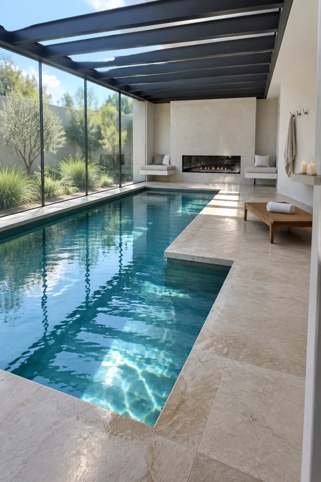 An indoor rectangular pool with clear turquoise water, large glass windows on the left showing outdoor greenery, a linear fireplace centered on the back wall between two built-in benches, and a wooden lounge bench on the right side of the stone deck.