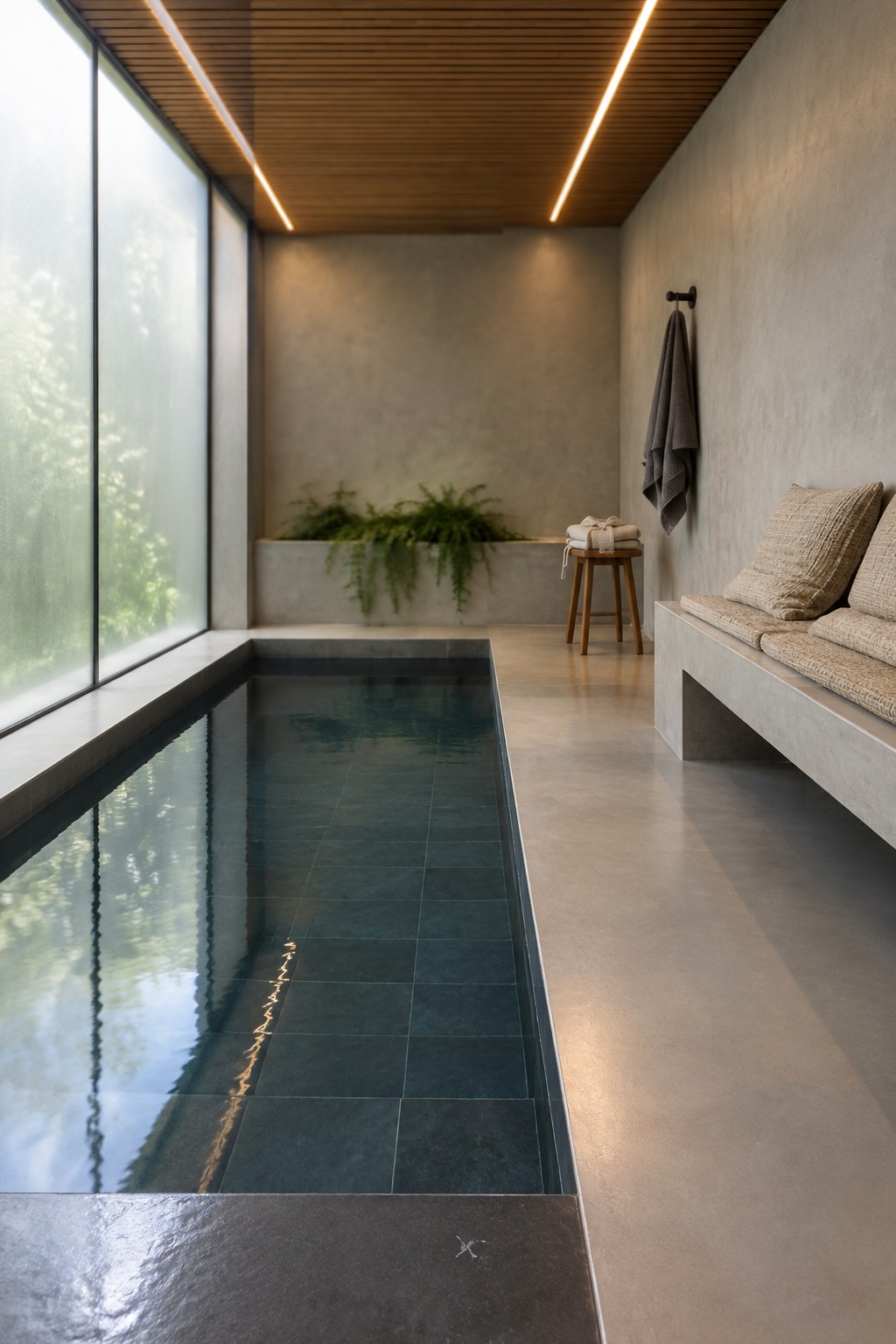 A long narrow indoor pool with dark tiles runs beside a large window in a concrete room with a built-in bench holding cushions on the right.