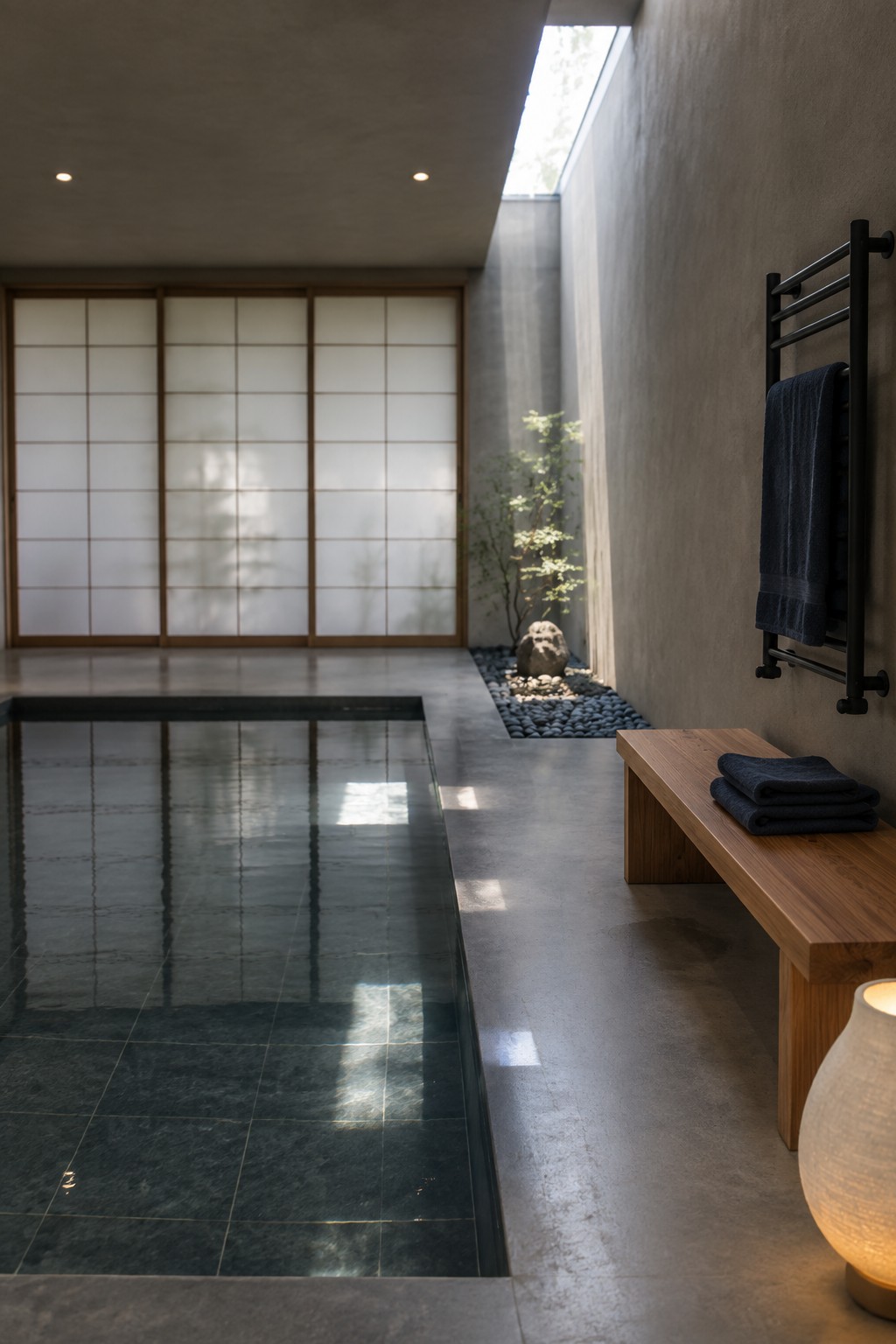 Minimalist indoor pool with shoji screens, wooden bench, dark towels, and skylight.