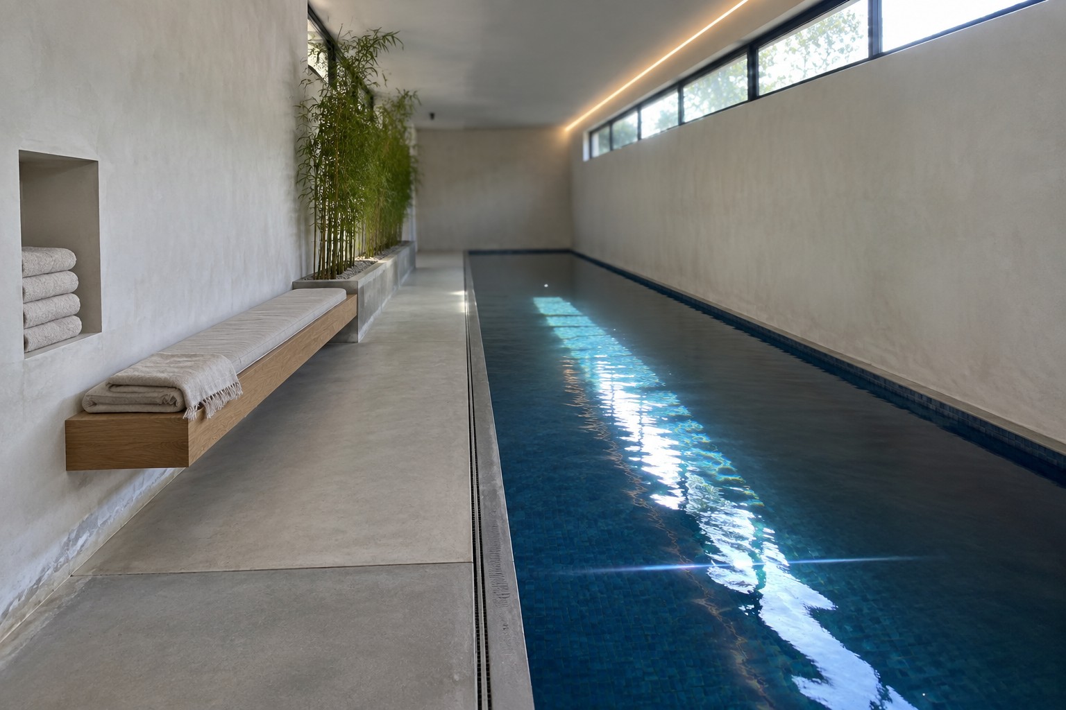 A long narrow indoor pool with blue mosaic tiles runs through a minimalist concrete space, with a wooden bench and potted plant on the left and a recessed niche holding rolled towels on the right.
