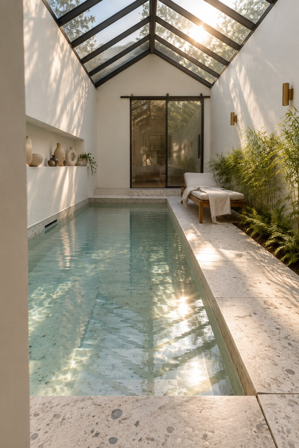 A long indoor lap pool beneath a glass gabled roof with sunlight reflecting on the water, white walls, terrazzo flooring, and a wooden lounge chair on the right.