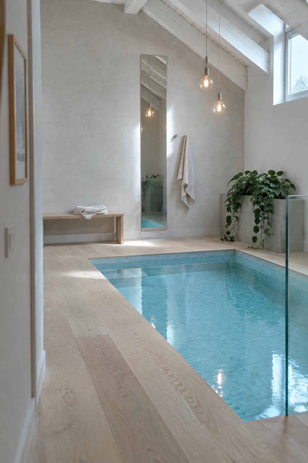 A minimalist indoor pool with light wood flooring extending to the blue-tiled pool edge, concrete walls, a tall mirror, and three pendant lights.