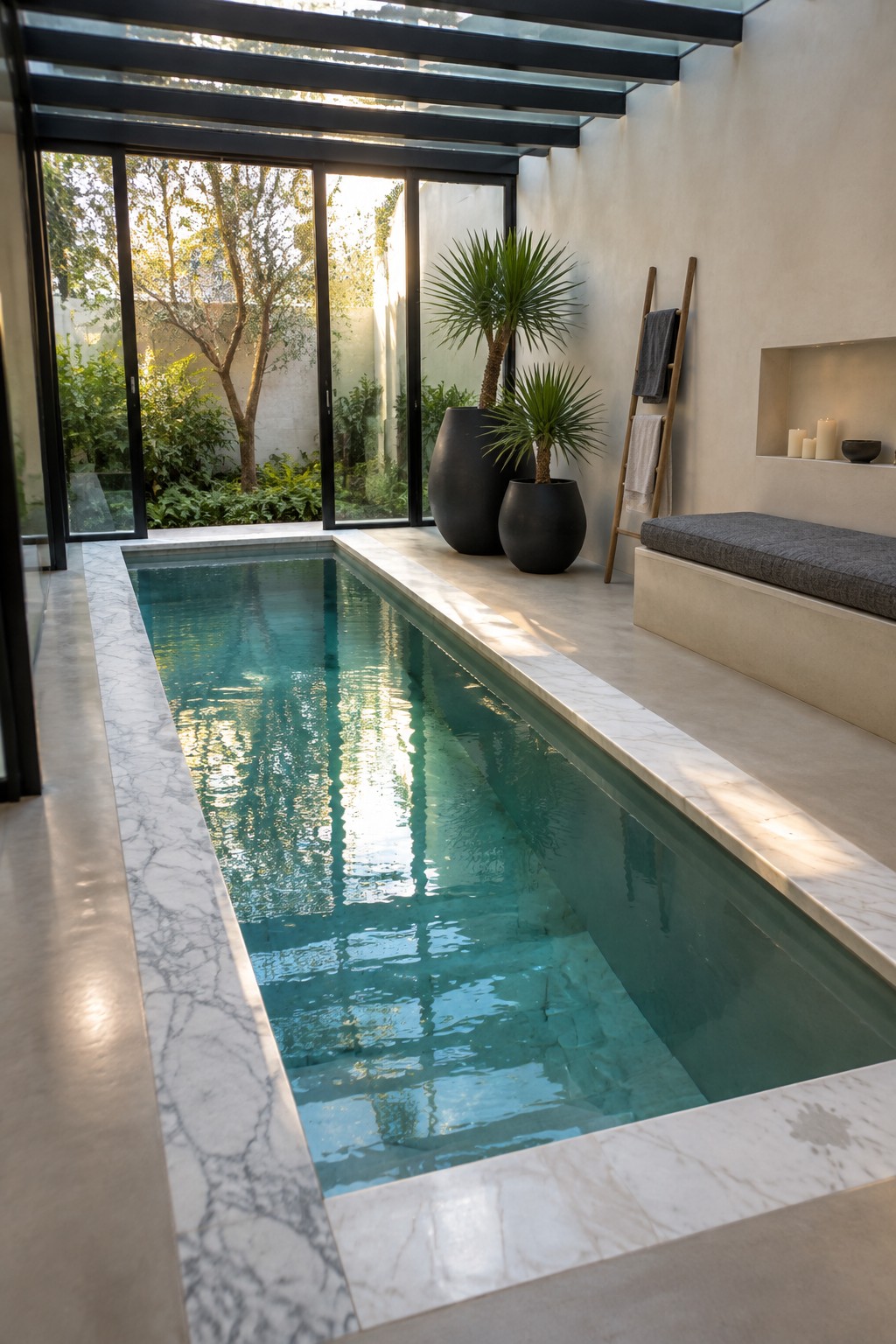A long narrow indoor pool with white marble coping and decking sits inside a light-filled room with large glass doors opening to an outdoor garden.