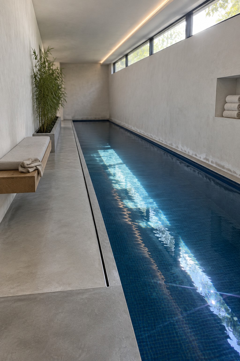 A long narrow indoor pool with blue mosaic tiles runs through a minimalist concrete space, with a wooden bench and potted plant on the left and a recessed niche holding rolled towels on the right.