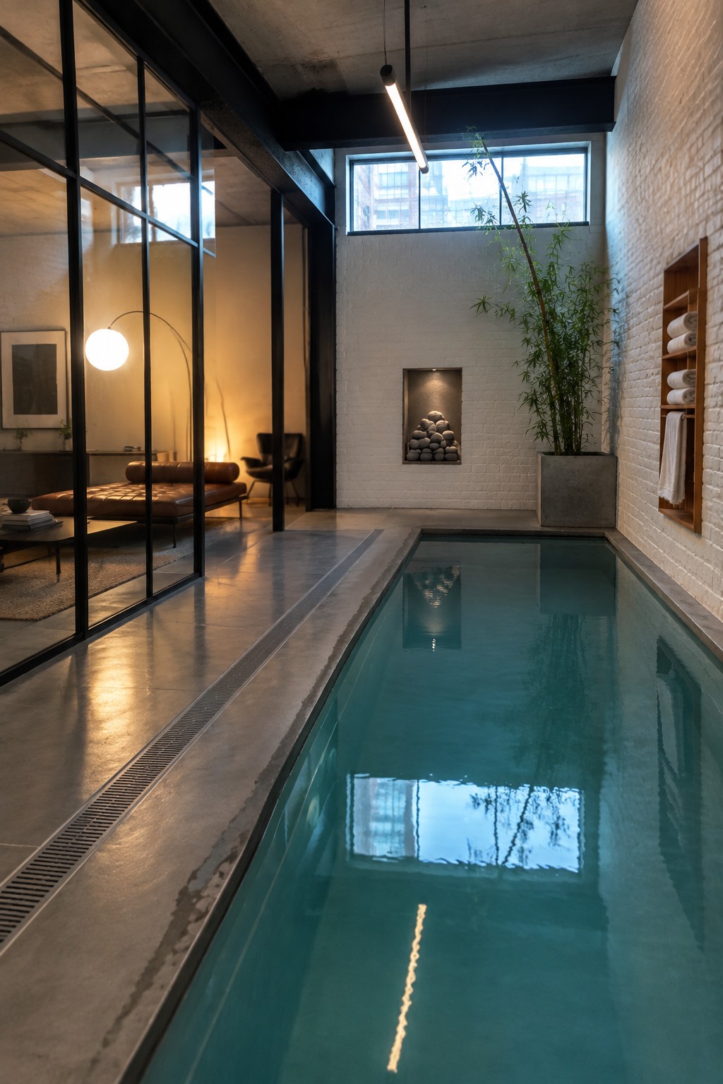 A long narrow indoor pool with turquoise water sits beside a glass wall that separates it from a living area with leather seating, while a white brick wall with a recessed stone niche and a potted bamboo plant appear in the background.