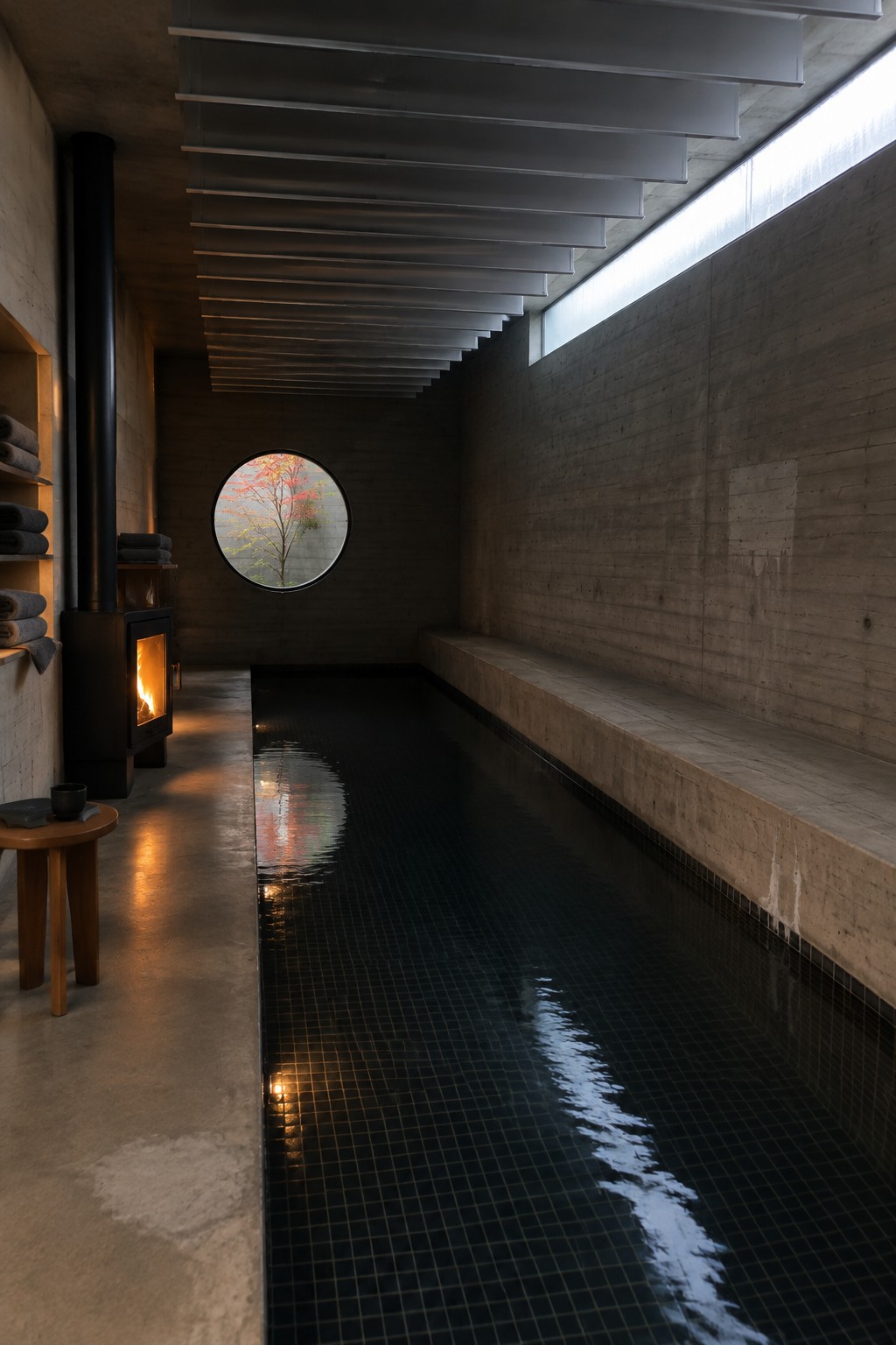 A long narrow indoor pool with dark mosaic tiles inside a raw concrete room, with a wood stove on the left and a circular window at the far end.
