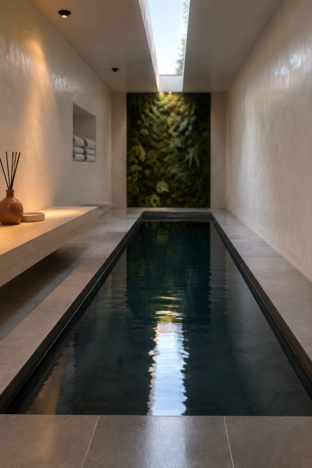 A long narrow indoor pool with dark water runs through a minimalist room with beige walls, a wooden ledge on the left, and a green living wall visible at the far end under a skylight.