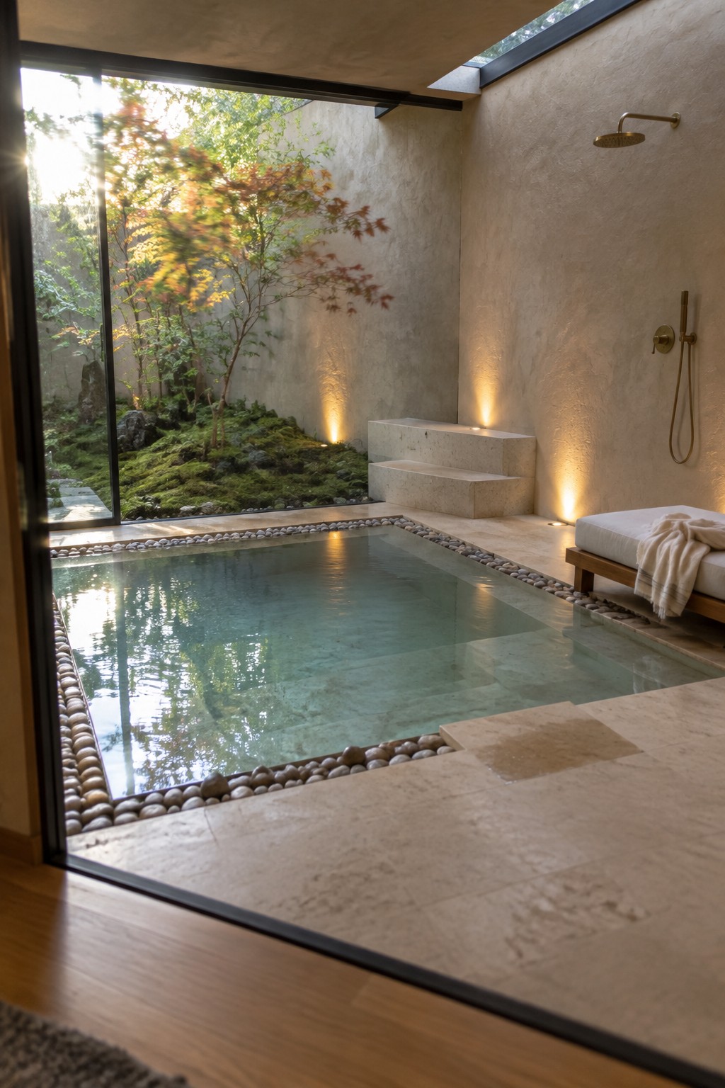 Modern indoor pool with pebble border opens to autumn garden, stone steps, and brass shower.