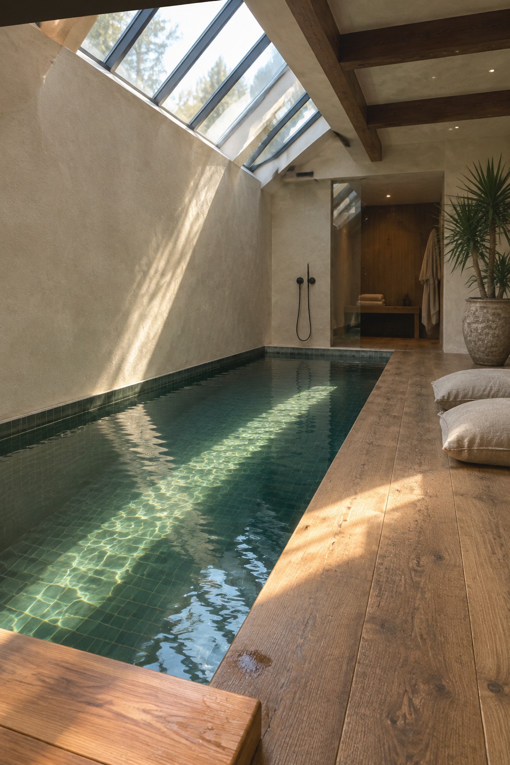 A rectangular indoor pool with green mosaic tiles sits beneath a large angled skylight in a minimalist room with plaster walls, wooden ceiling beams, and a wood deck on the right side.