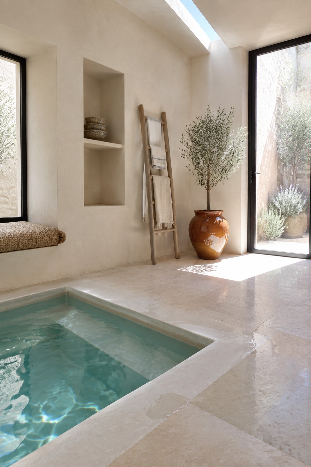 Minimalist spa room with indoor plunge pool, olive tree in terracotta pot, and wooden ladder with towels