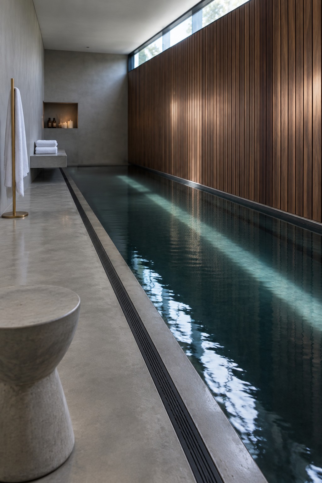 A long narrow indoor pool with dark water sits against a vertical wood slat wall inside a minimalist concrete room, with a linear drain along the edge and a round concrete stool in the foreground.