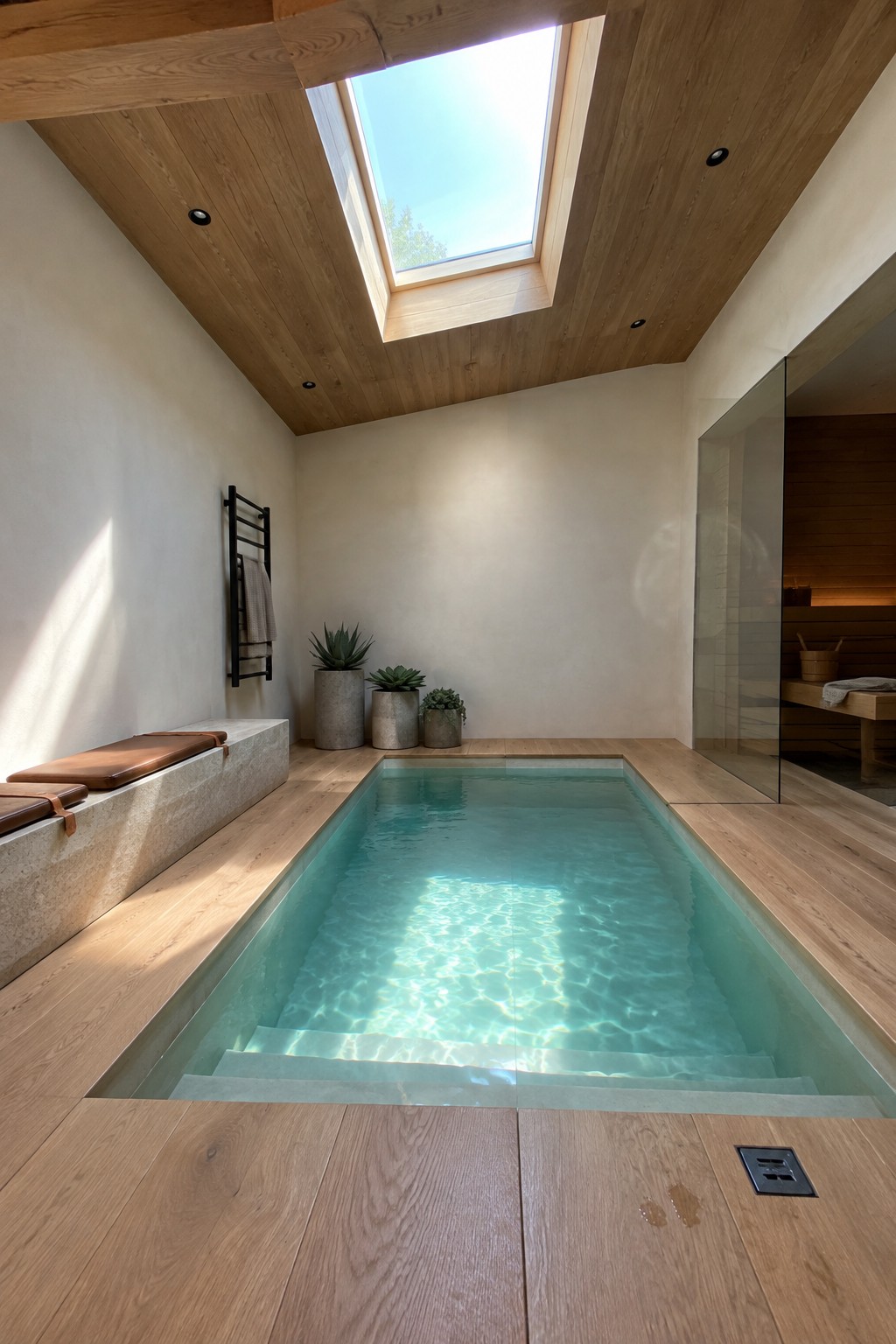 A long rectangular indoor pool with light blue water sits under a large skylight in a room lined with light wood ceiling and floor.