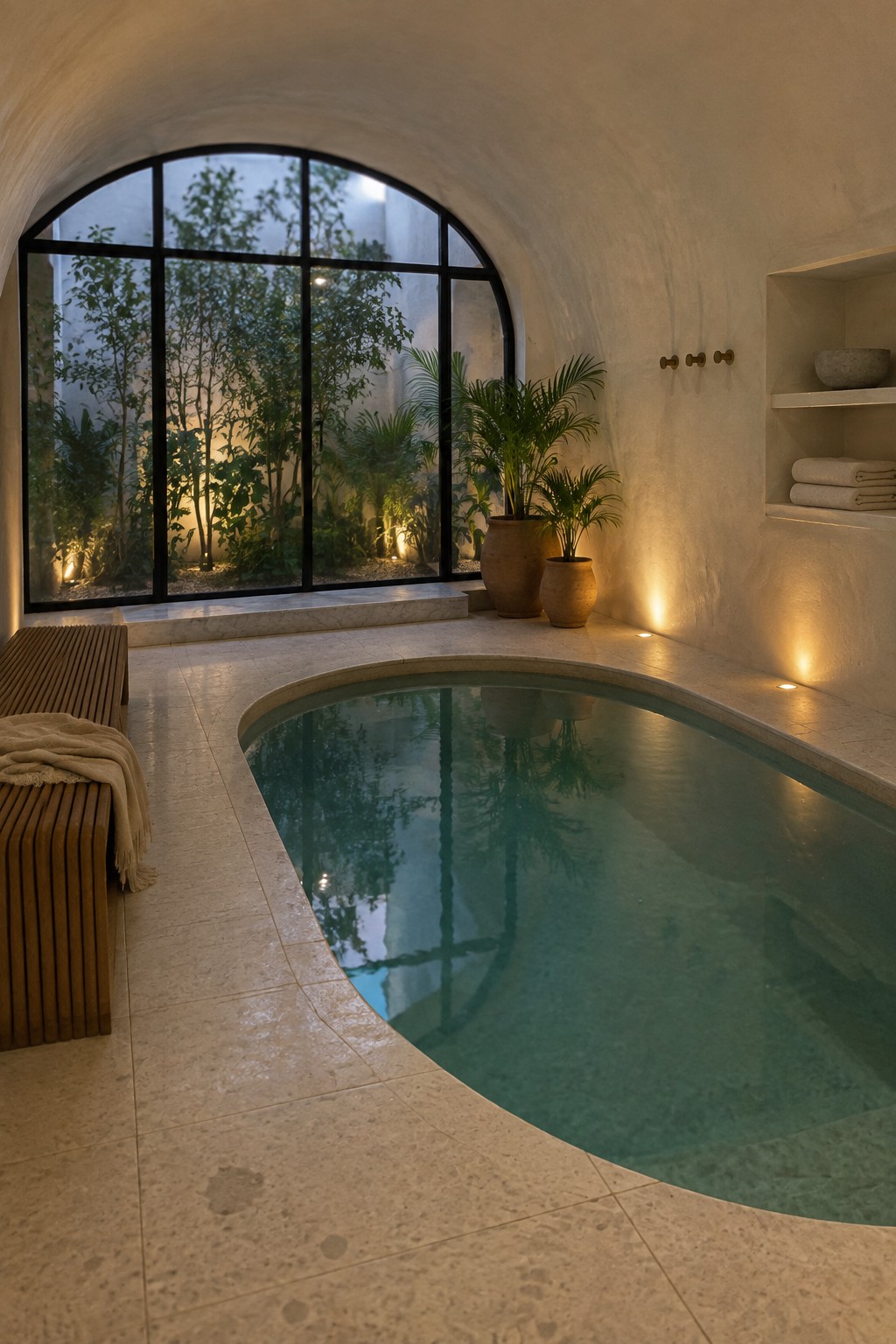 An indoor pool with a curved edge in a minimalist room, featuring a large arched window overlooking a garden with potted plants, a wooden bench, and built-in shelves with towels.