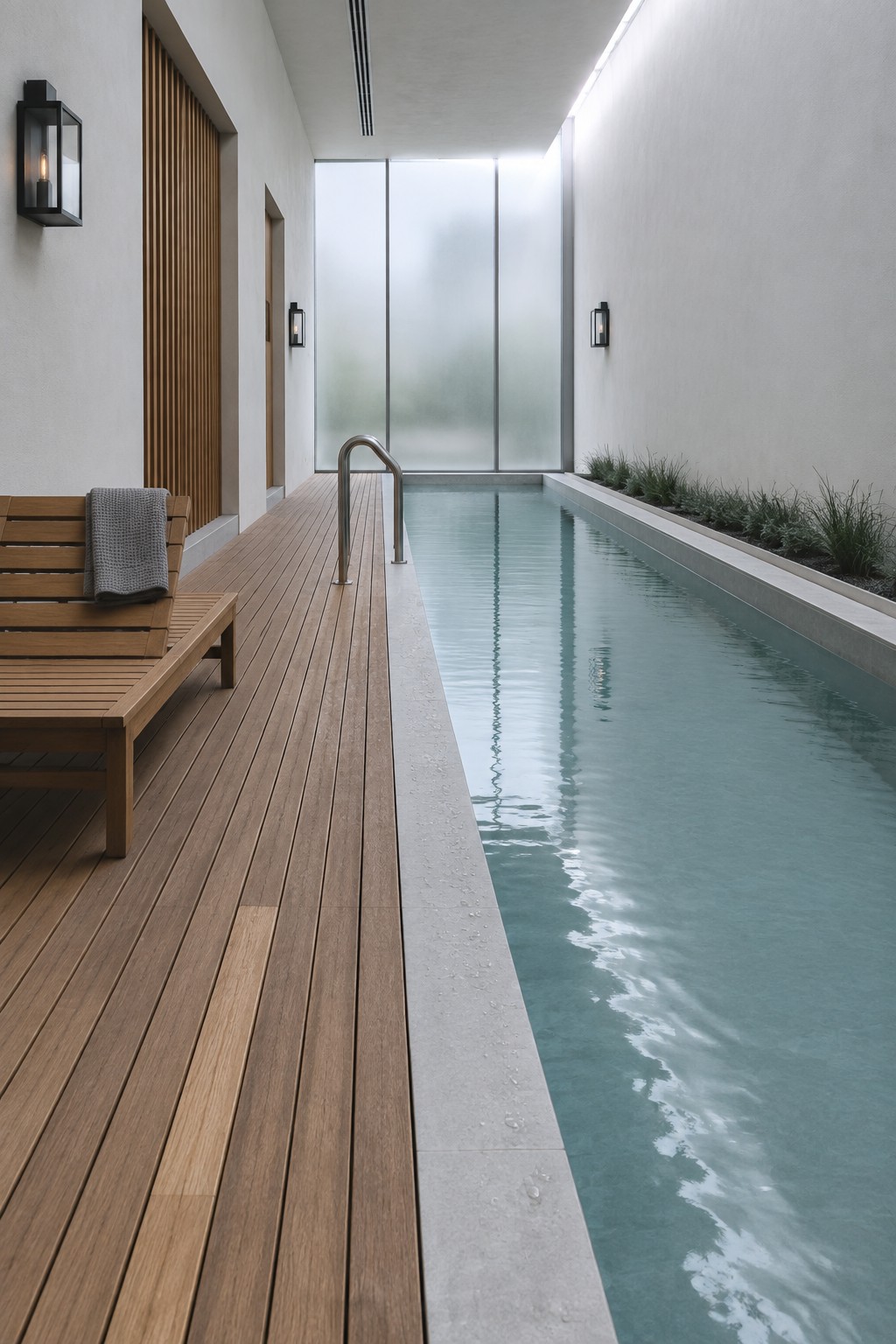 A minimalist indoor lap pool with a long wooden deck on the left side, a wooden lounge chair with a gray towel, wall sconces, and large frosted glass windows at the far end.